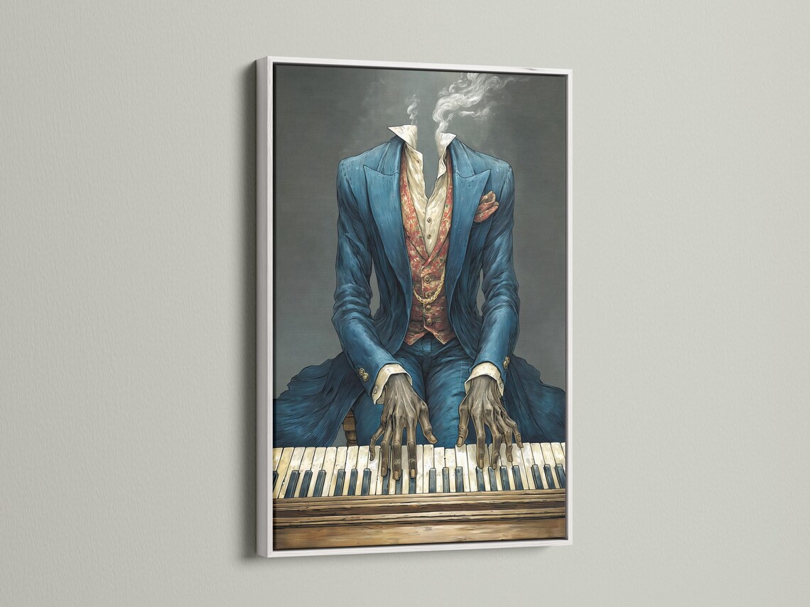 Headless pianist in a blue suit playing an illustrated piano with smoke-like curls behind detail view
