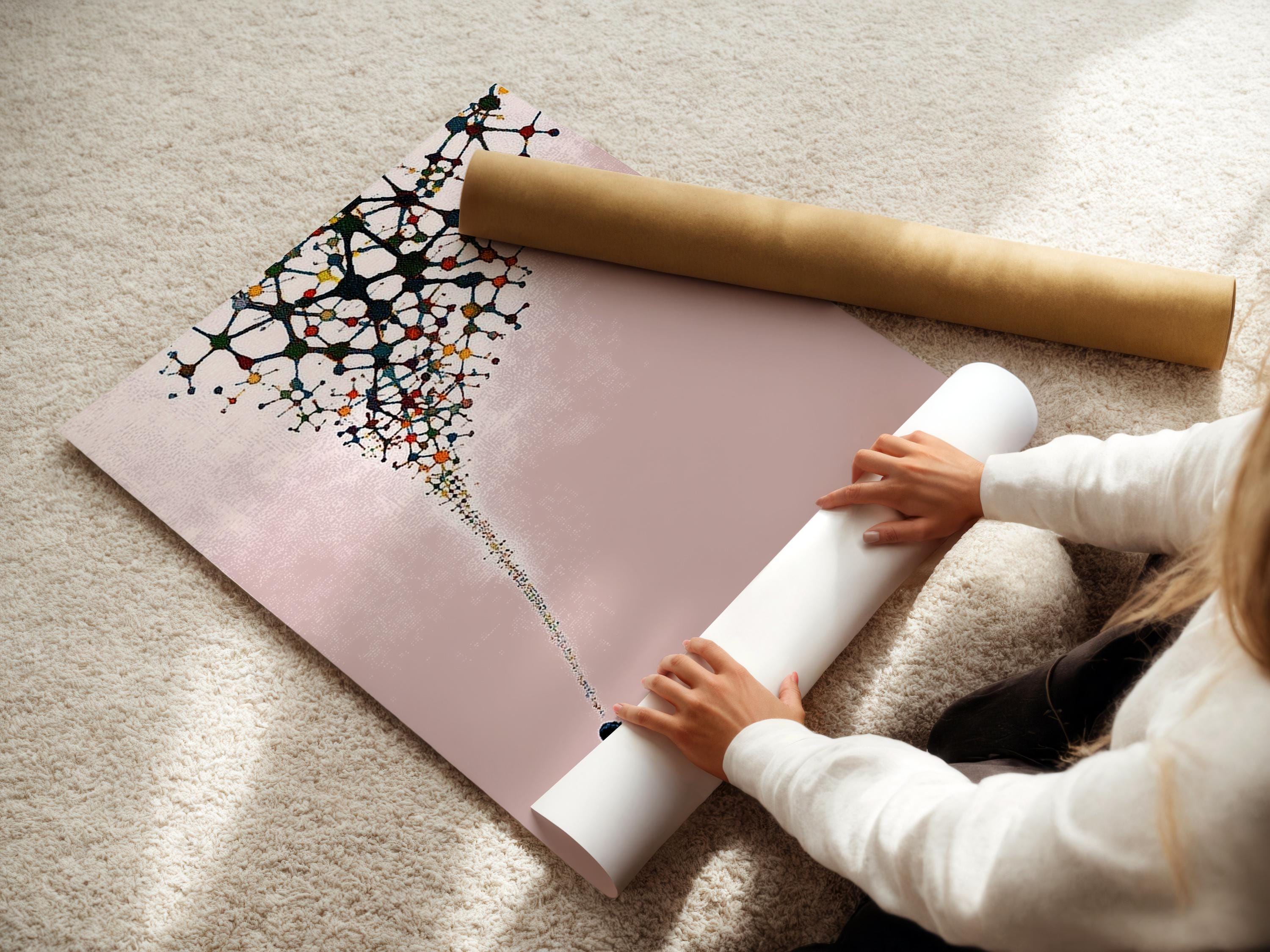 Blush pink abstract artwork with a black silhouette figure and branching network of coloured nodes detail view