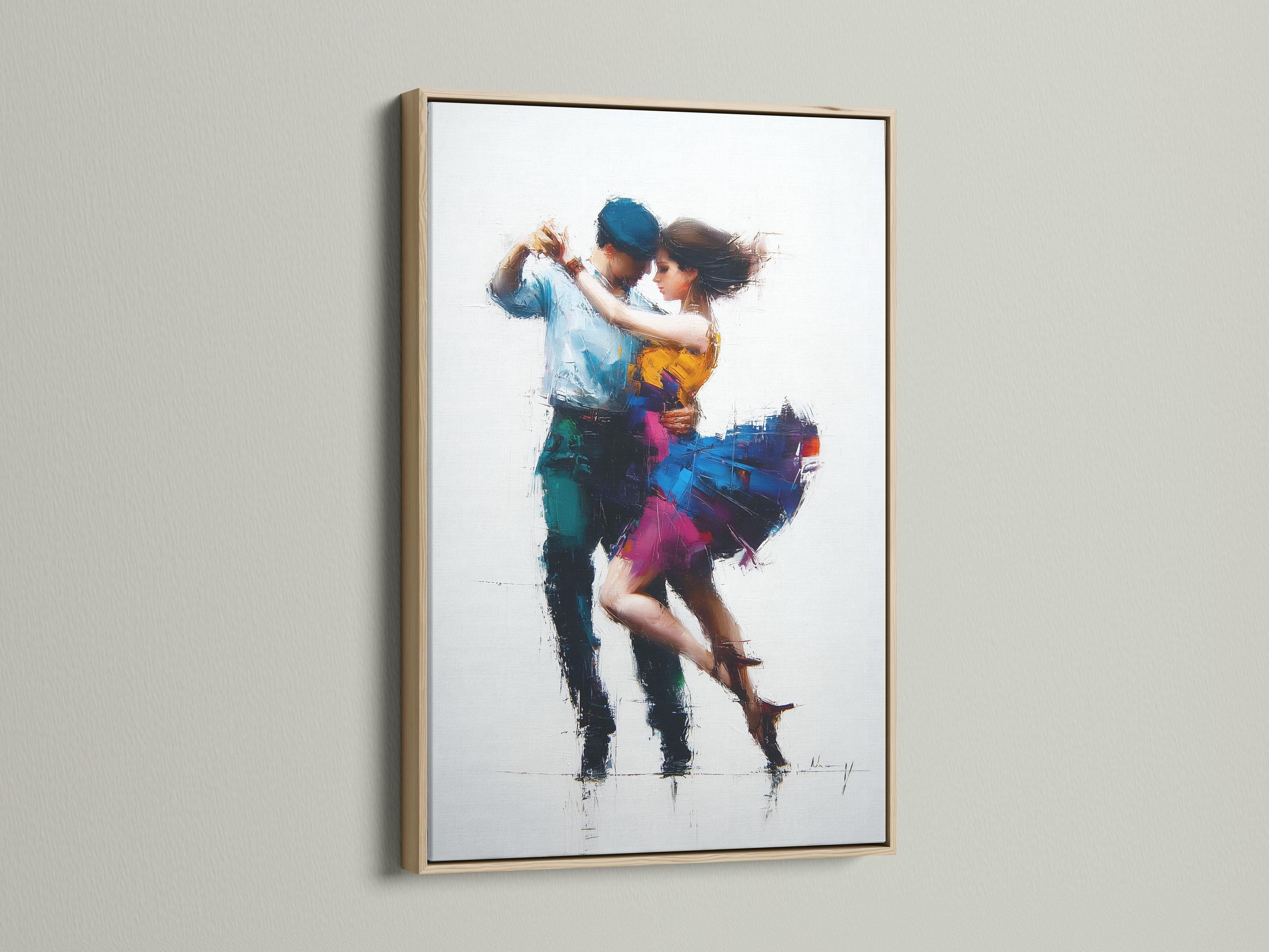 Painterly blue and yellow tango couple embracing in motion detail view