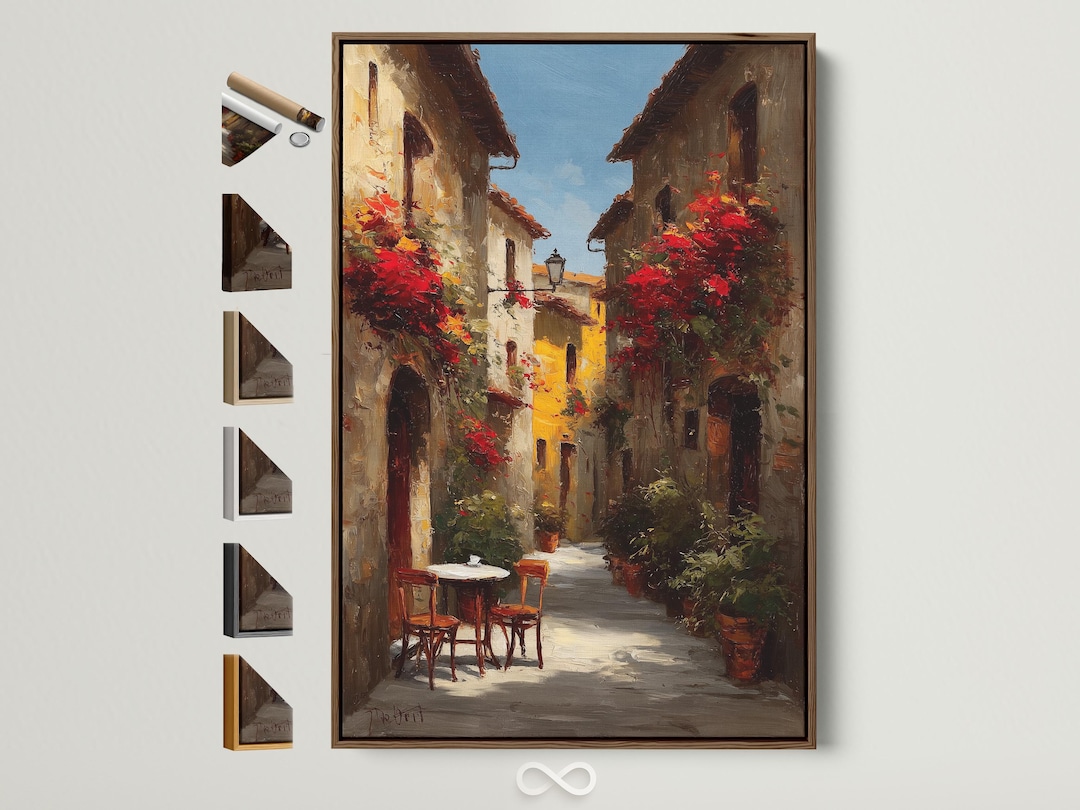 Italian Village Canvas Art - Sunlit Alley Scene, Red Flowers
