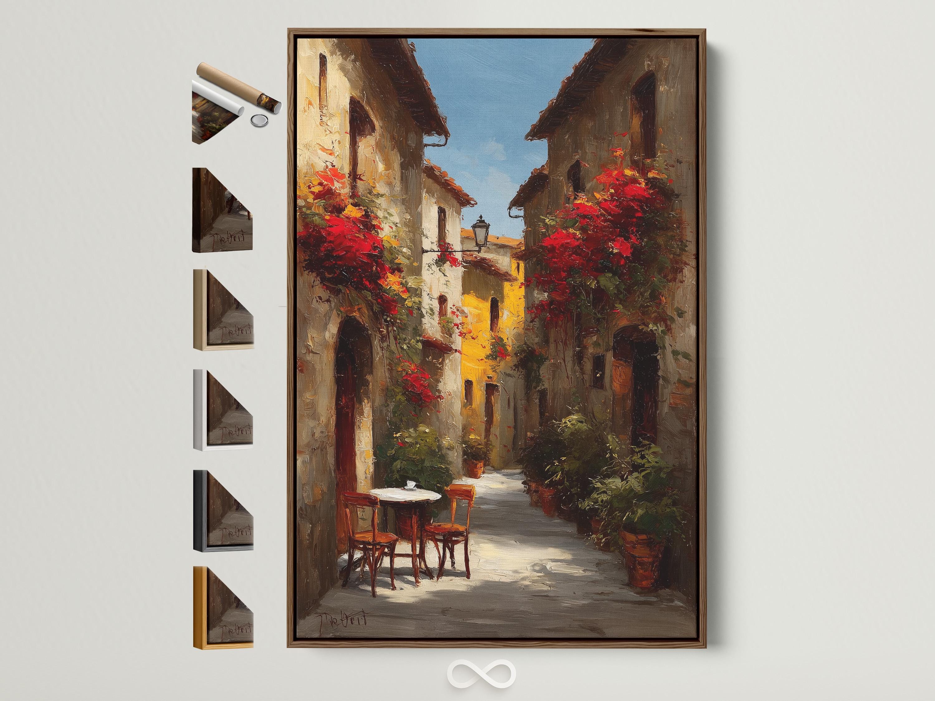 A sunlit alley scene with warm golden light, red flowering vines, and old European buildings leads the eye to a small table in the distance detail