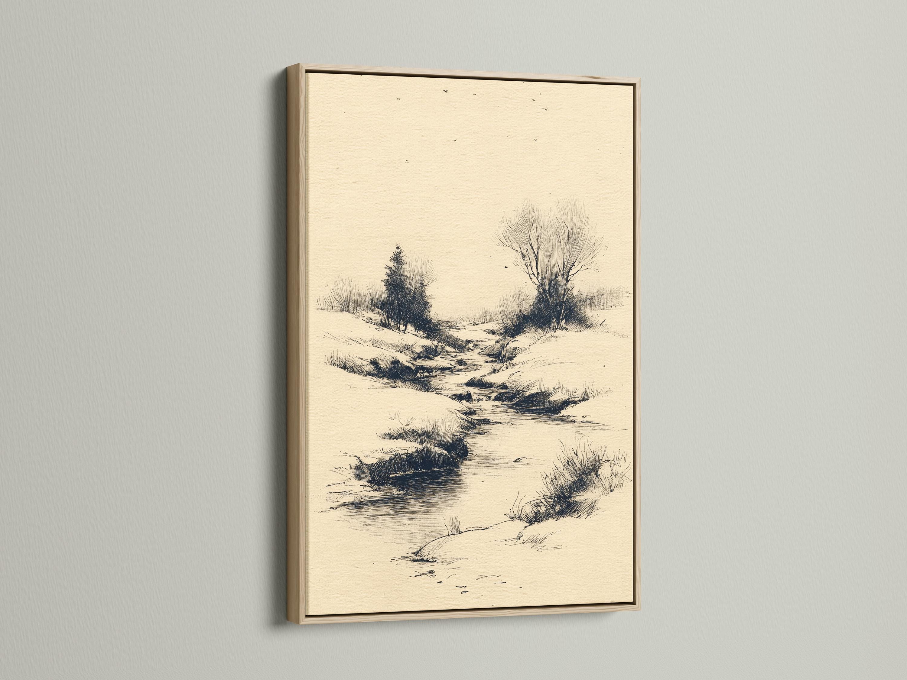 Woman holding a large framed beige river landscape sketch on a light wall in a bright room