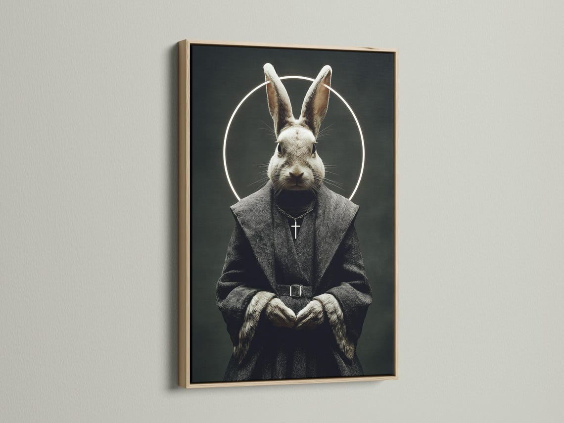 Monochrome rabbit monk portrait with a glowing halo, hooded robe, and a small cross pendant detail view