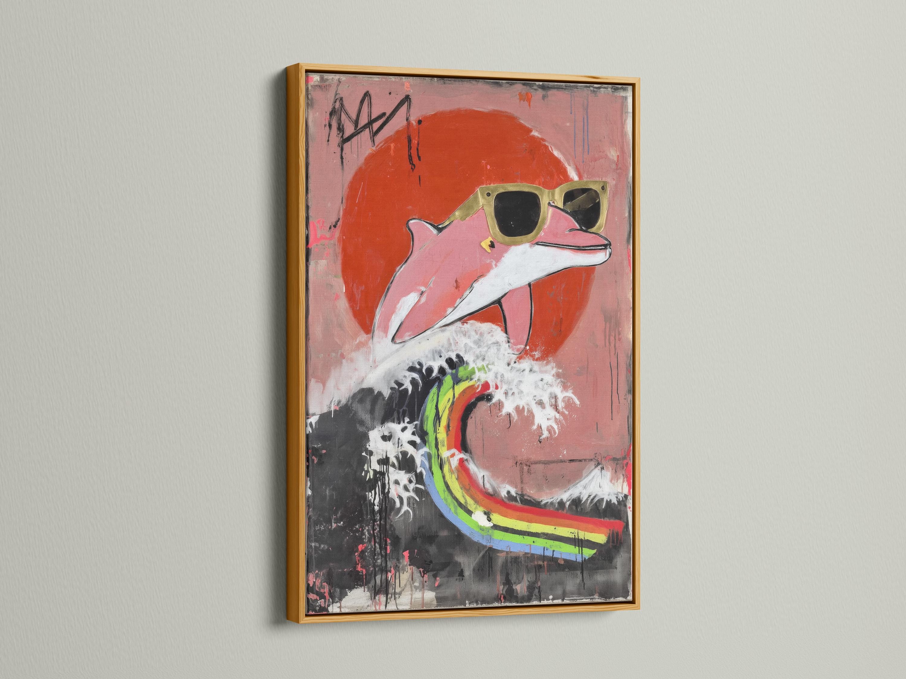 A stylised pink dolphin in pop-art style is shown diving through a graffiti-like backdrop with bold rainbow accents and drips detail view