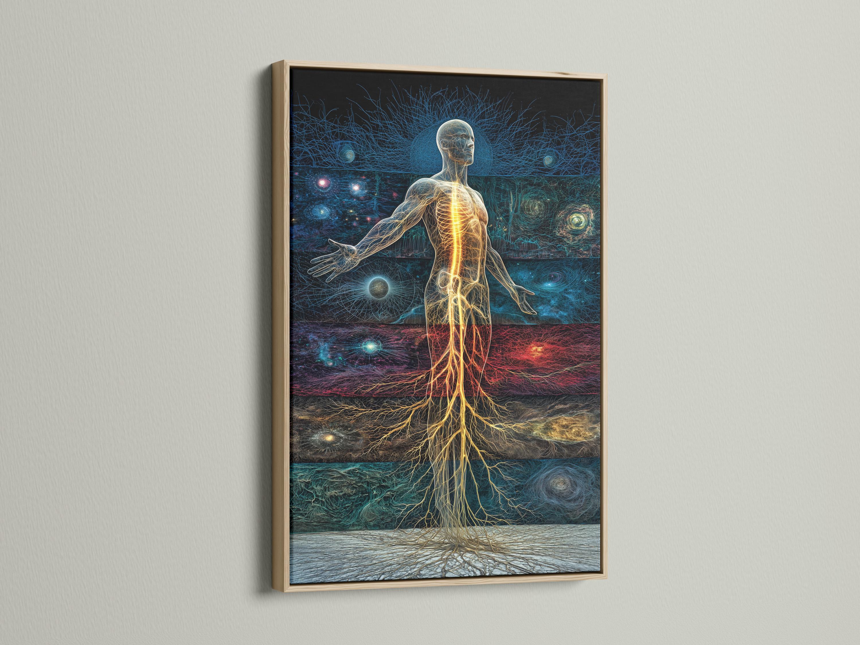 Woman standing beside a framed artwork showing a glowing energy human figure in blue, teal and red
