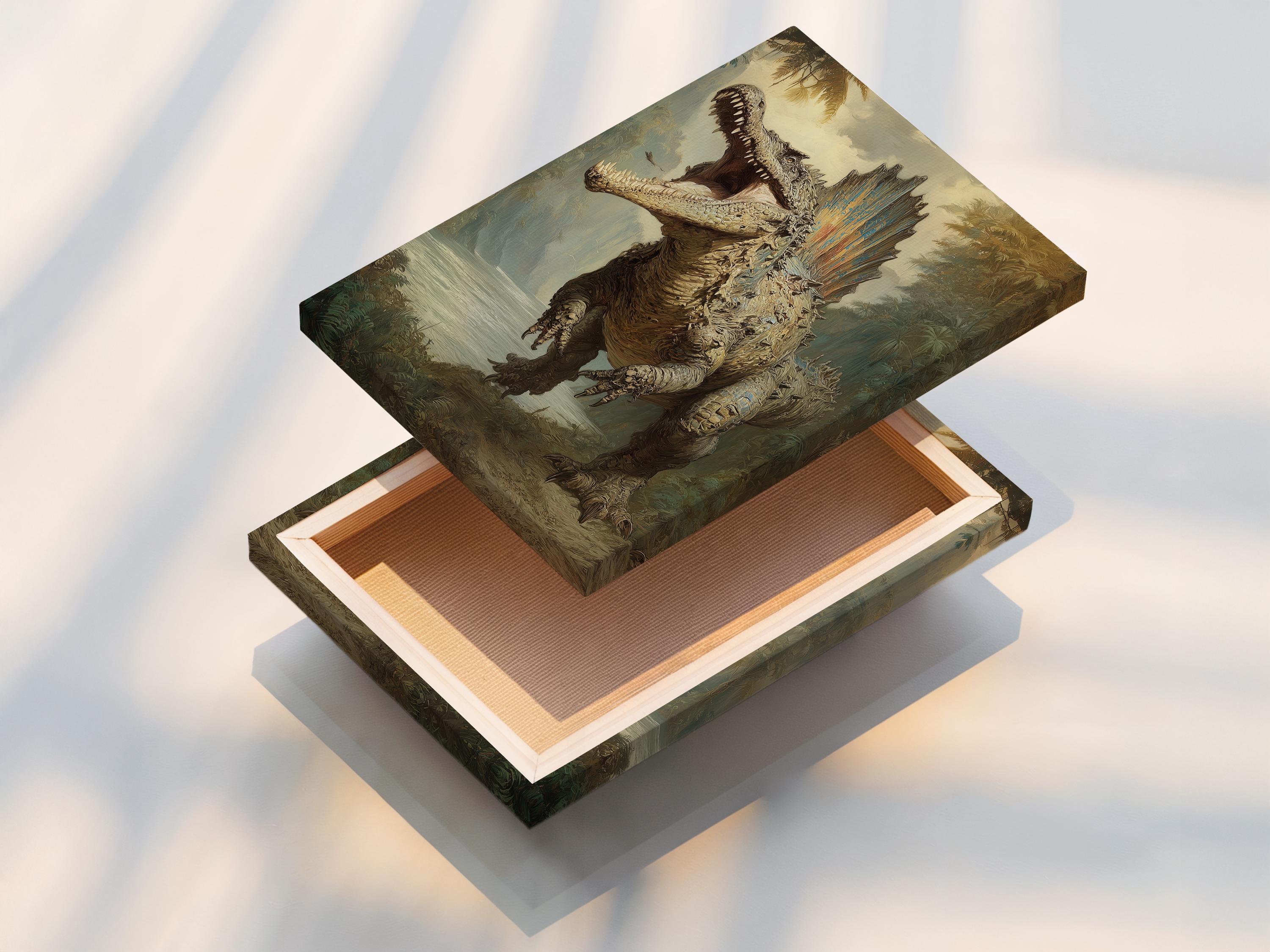 Prehistoric dinosaur artwork with open mouth in a misty jungle scene detail view