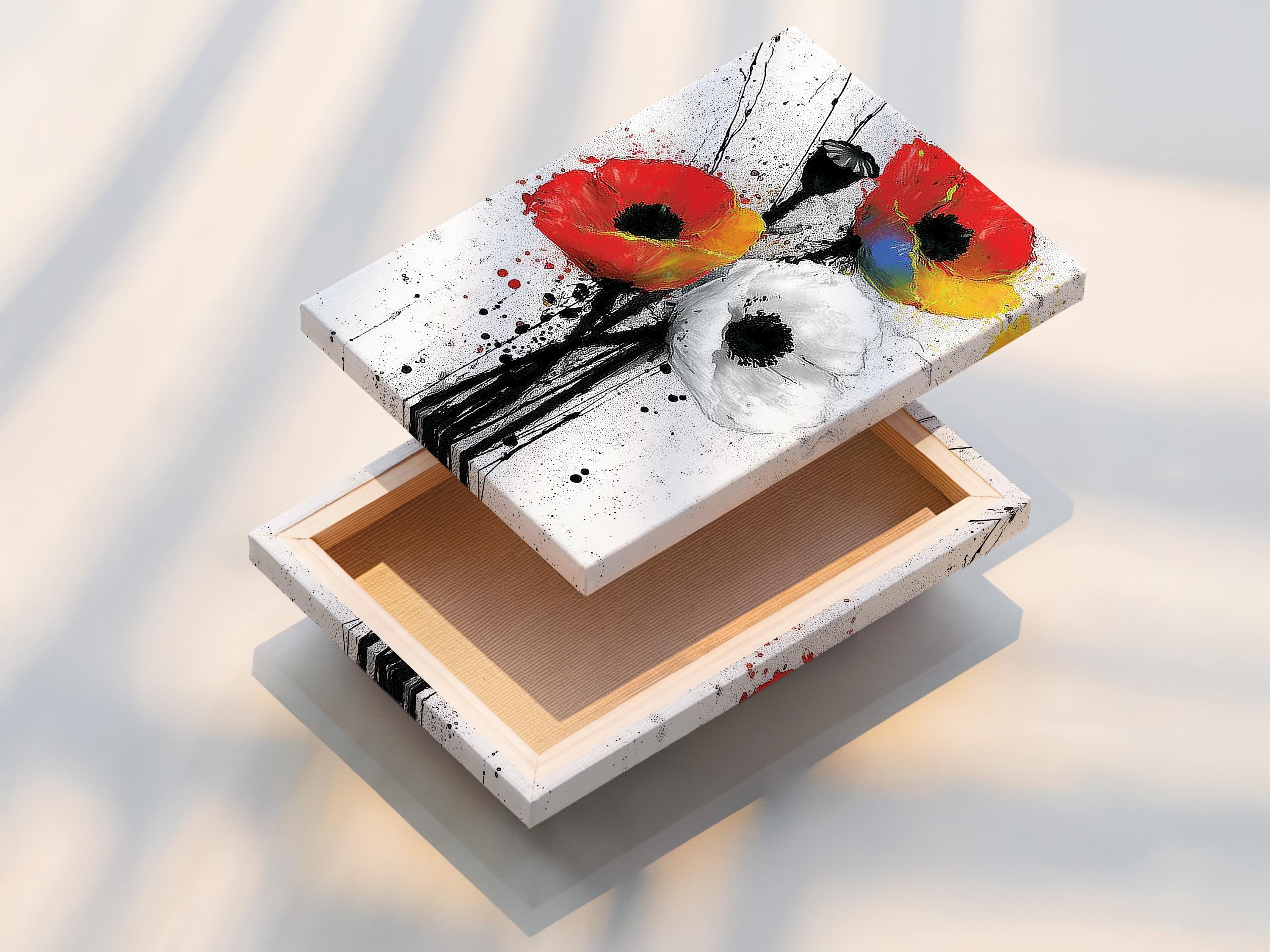 Stylised red poppy flower with black stems on a white speckled background detail view