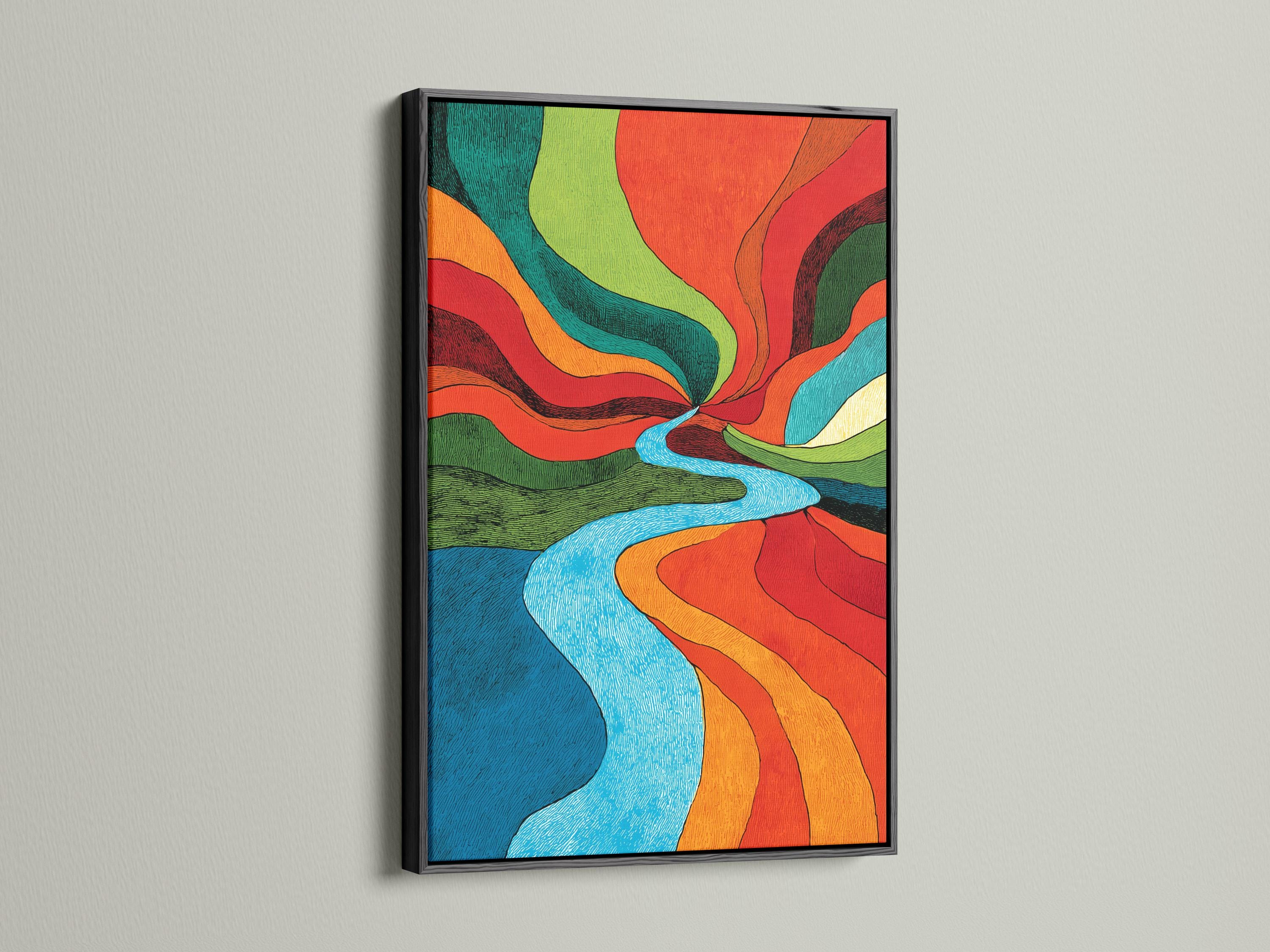 Retro abstract river artwork with bright blue water and vivid red, orange, green and teal bands detail view