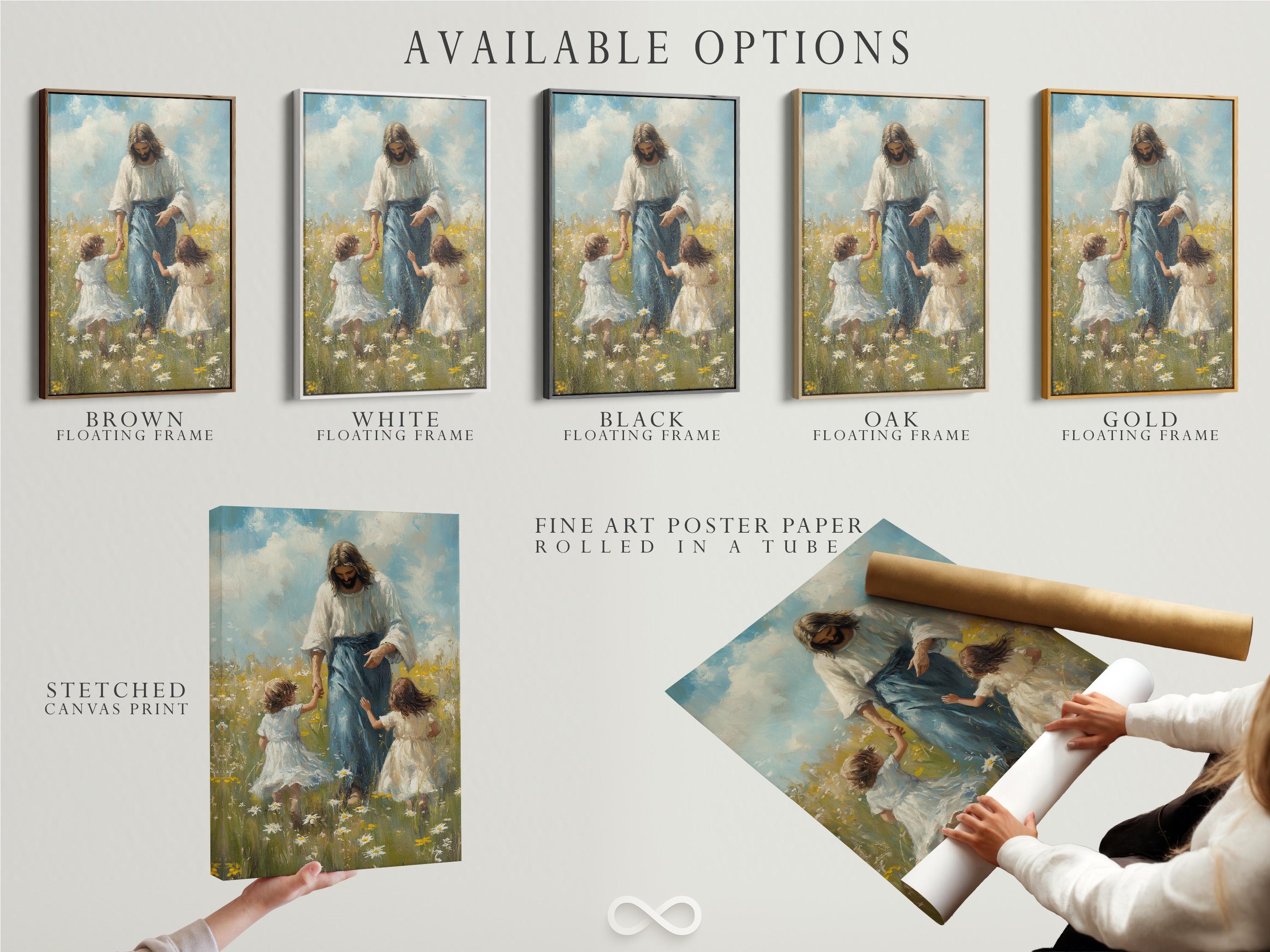 Religious meadow wall art mockup with an ornate frame on a light wall