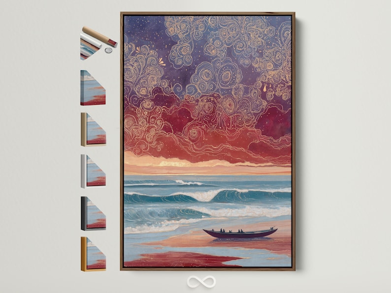 Stylised sunset seascape with teal waves, a sandy beach, a dark boat, and swirling gold rose linework in the purple sky
