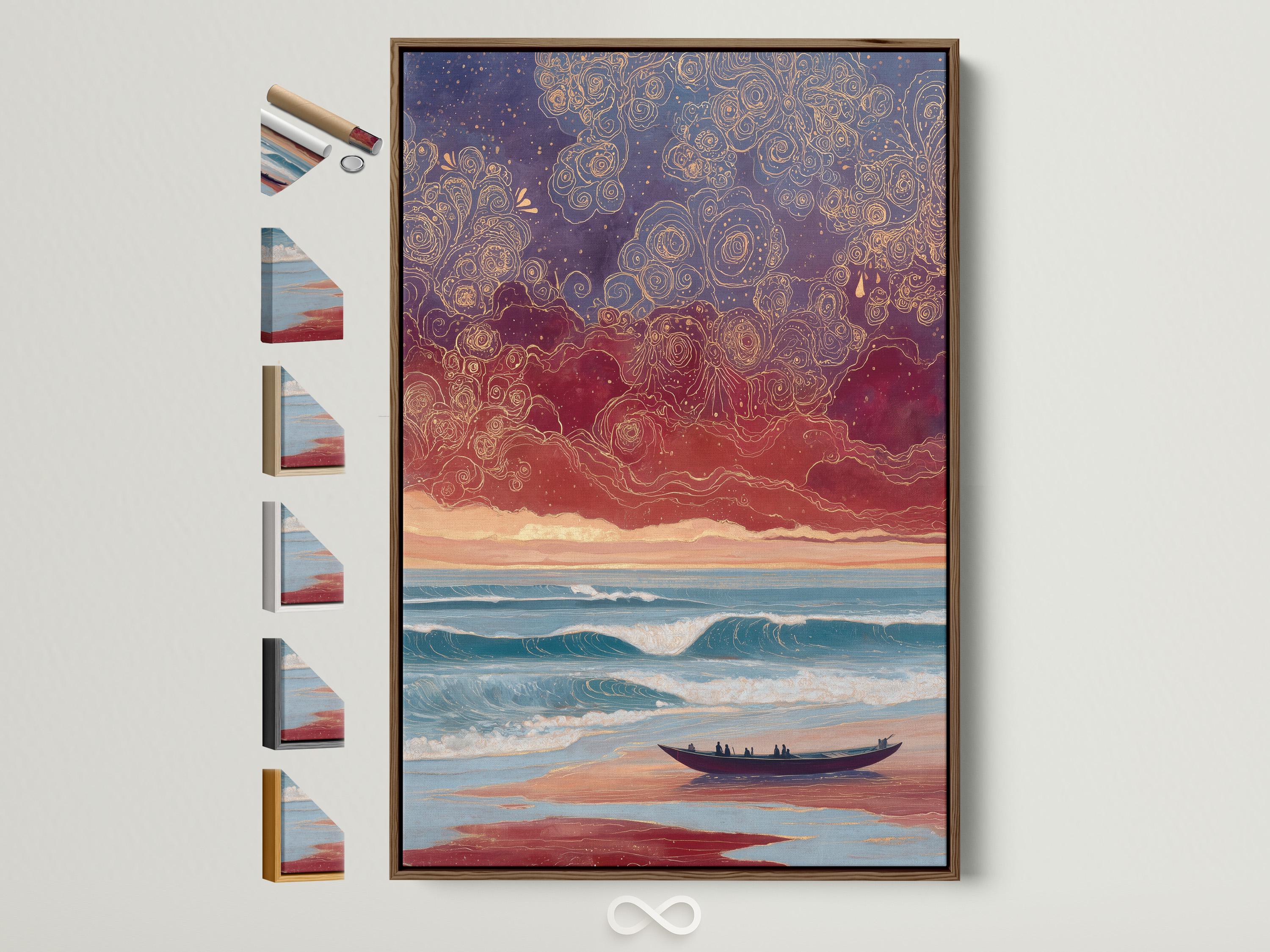 Stylised sunset seascape with teal waves, a sandy beach, a dark boat, and swirling gold rose linework in the purple sky