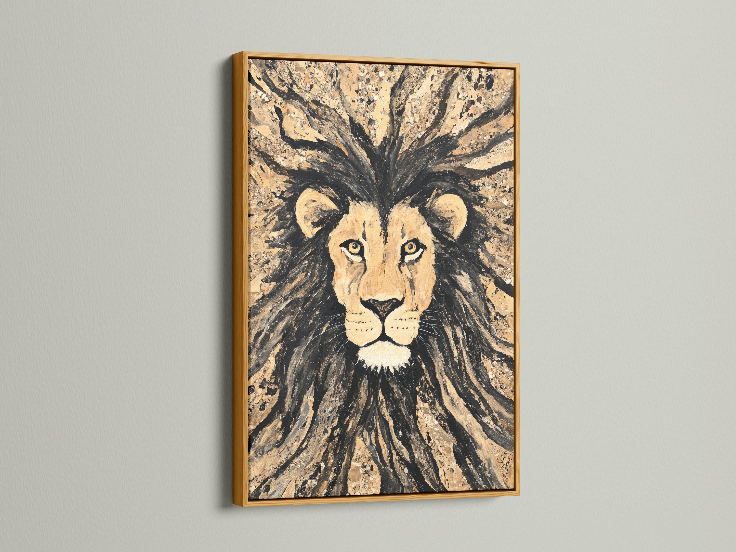 Stylised lion portrait with radiating mane strokes in beige, black and gold tones detail view