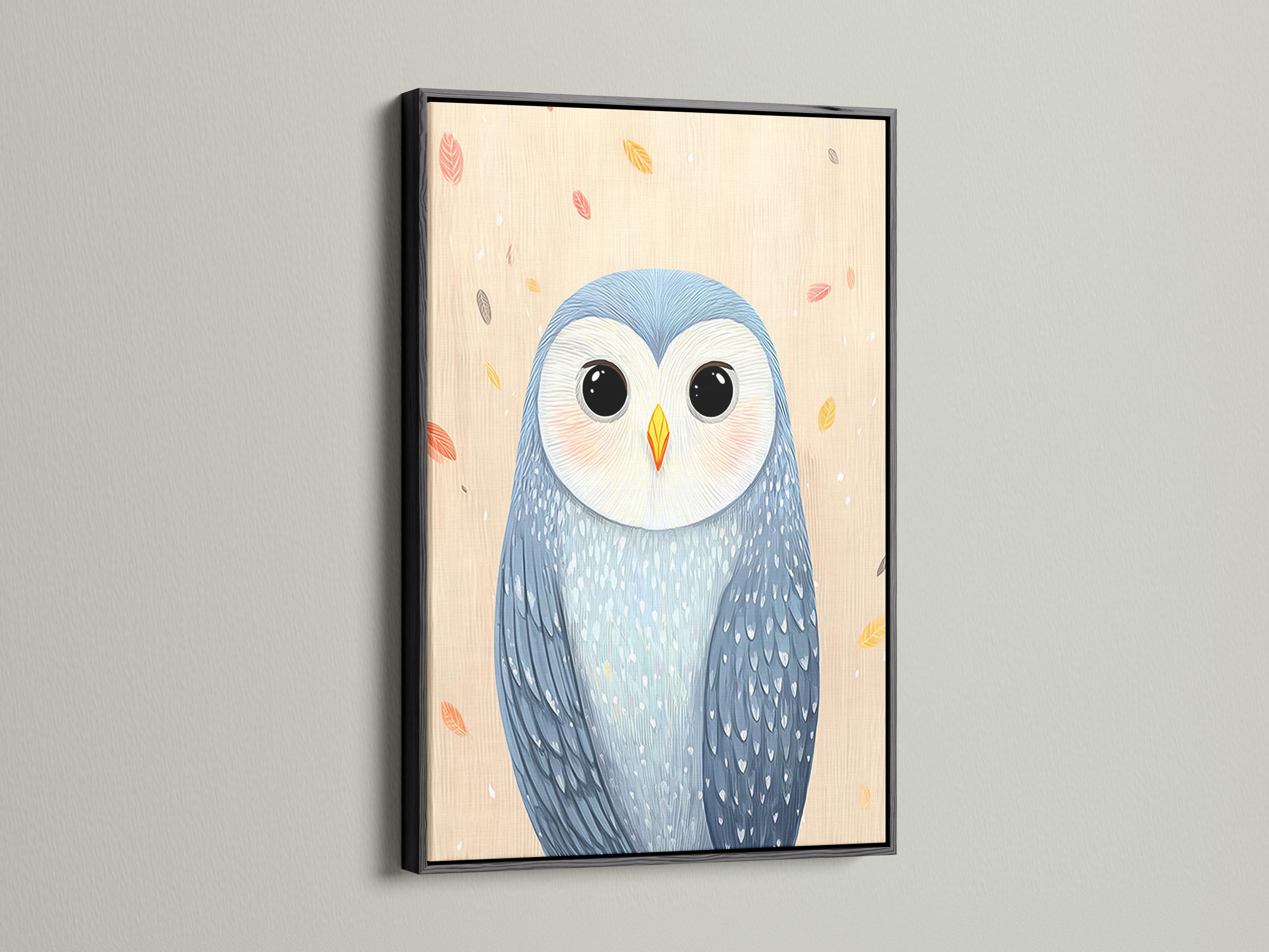 Illustrated owl portrait with big dark eyes, soft blue feathers and scattered pastel leaves on cream background detail view