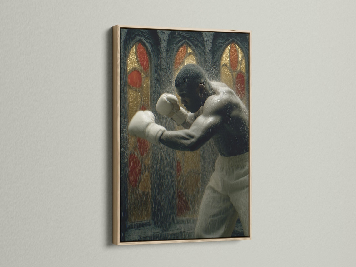 Boxer throwing a punch in a dark gothic scene with white gloves, gold highlights and red oval halos detail view