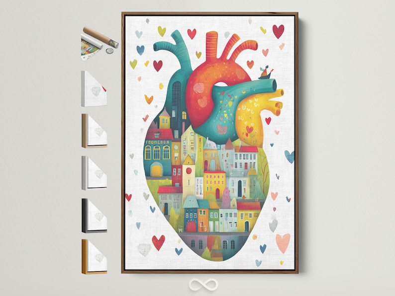 Teal anatomical heart filled with colourful city houses and small floating hearts