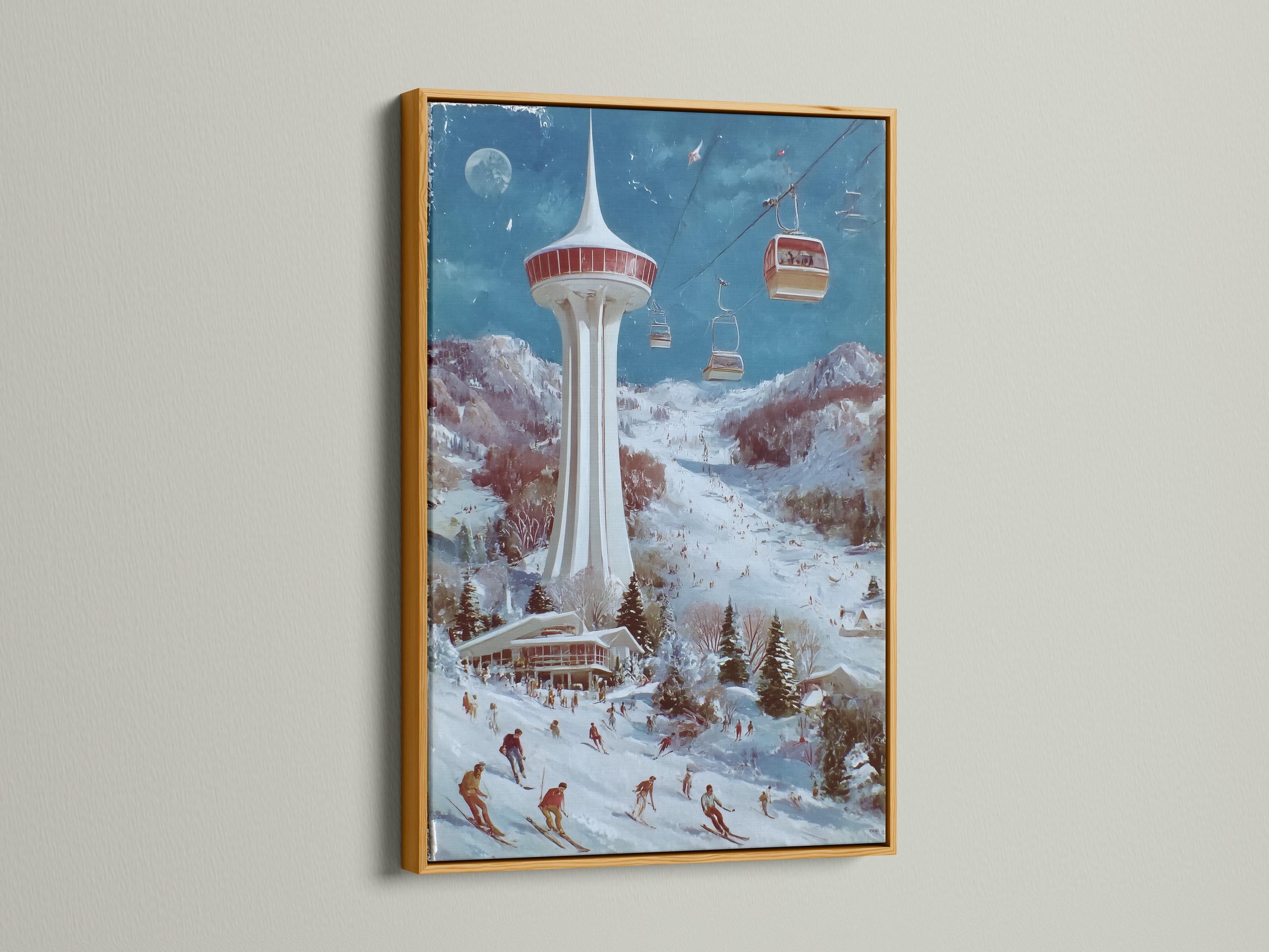 Winter ski resort scene with a tall tower, cable cars and skiers on snowy slopes detail view