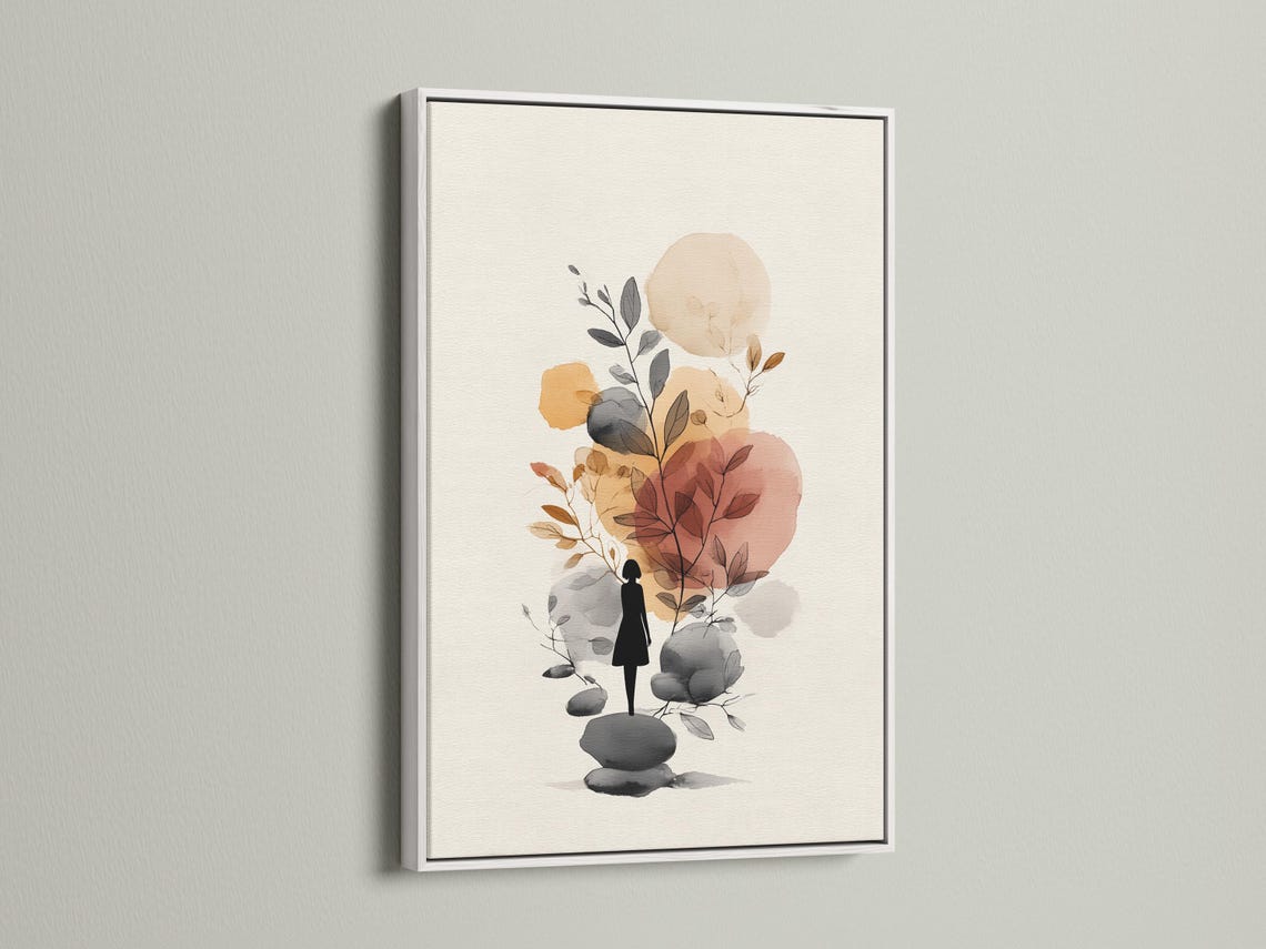 Minimalist botanical illustration with a woman silhouette, leaves, and rounded stones in neutral tones detail view
