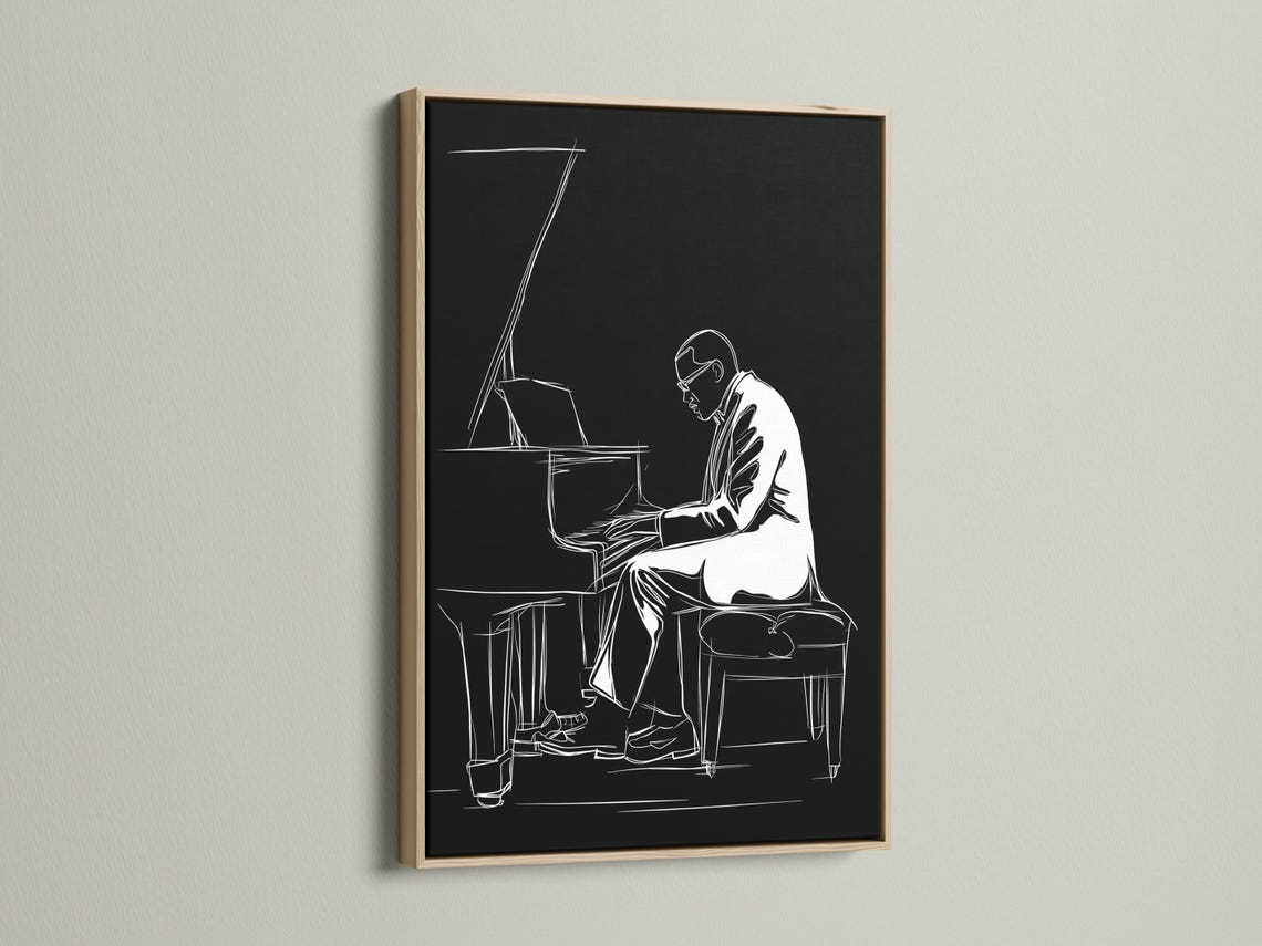 Minimalist black-and-white line drawing of a pianist playing a grand piano detail view