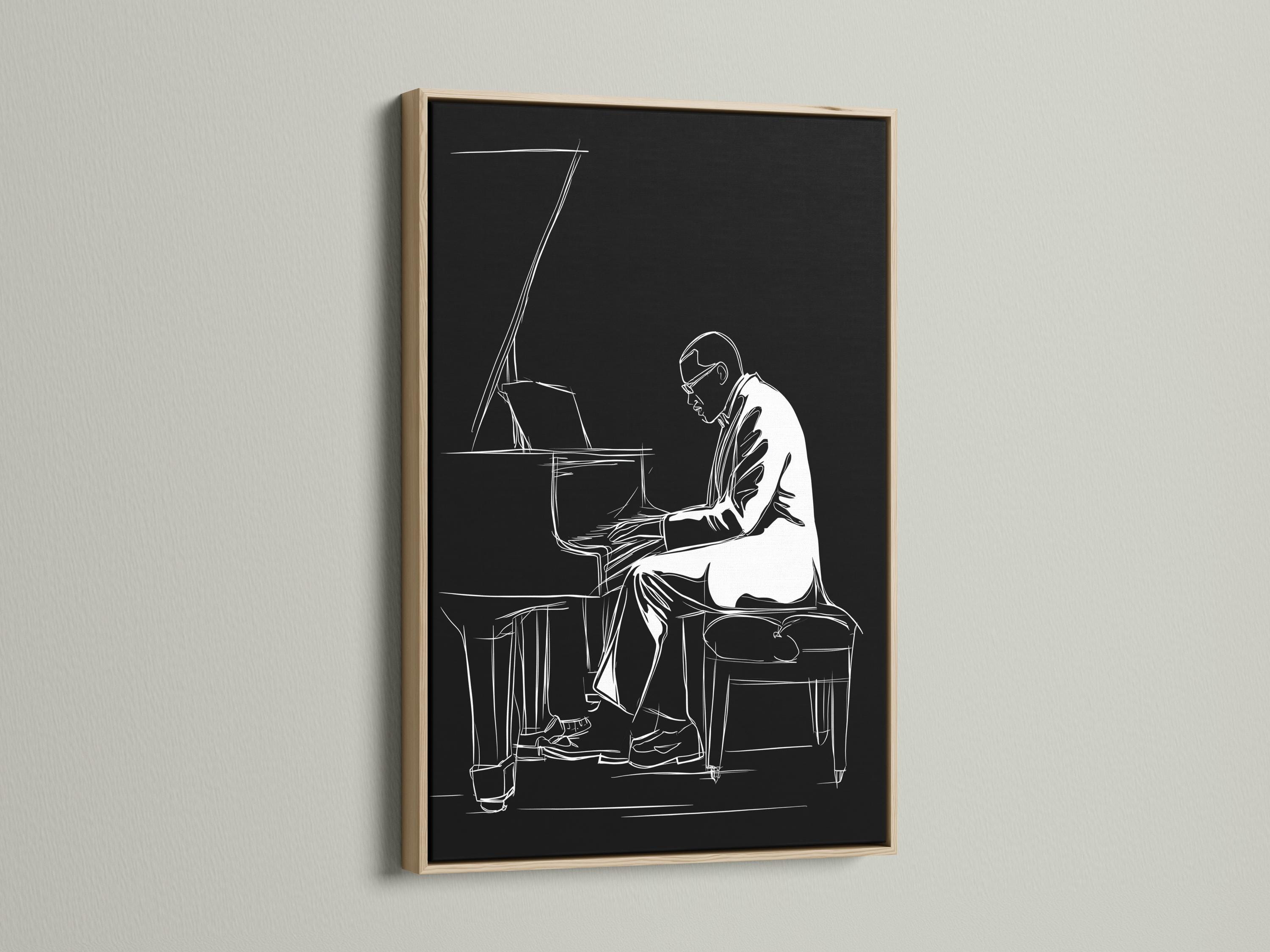 Minimalist black-and-white line drawing of a pianist playing a grand piano detail view