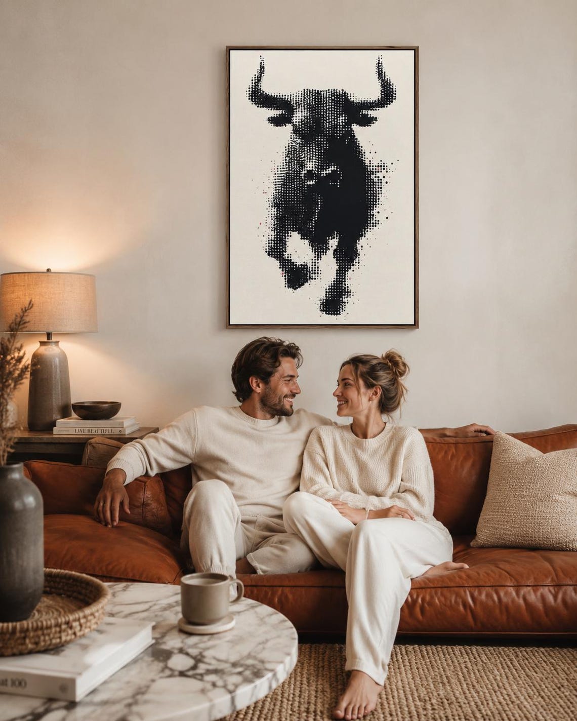 Black and white halftone bull head artwork with horns detail view