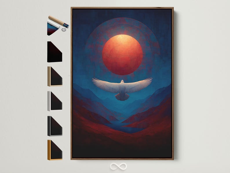 Eagle flying over blue and red mountains with a glowing red sun and halo-like arc lines