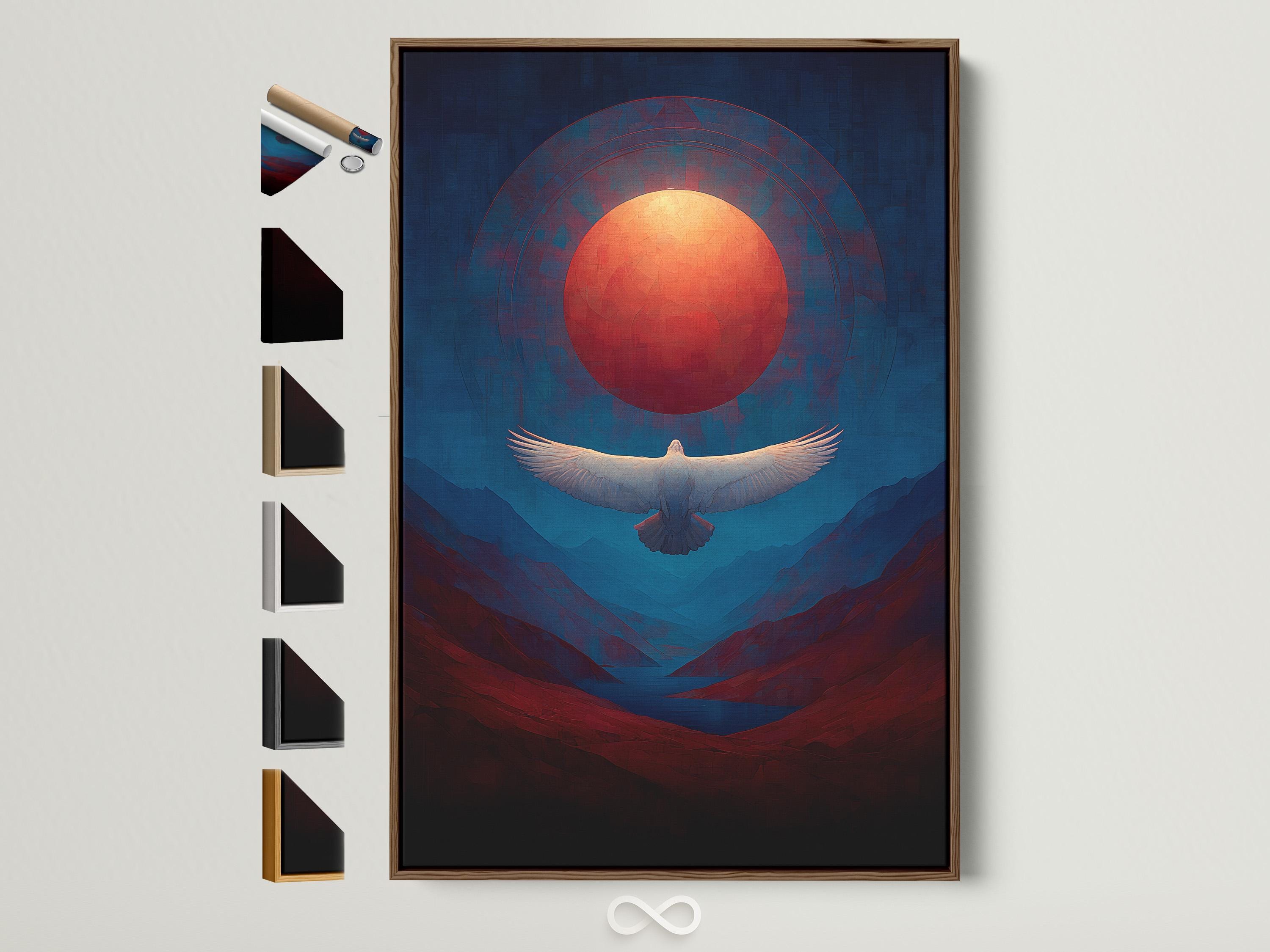 Eagle flying over blue and red mountains with a glowing red sun and halo-like arc lines