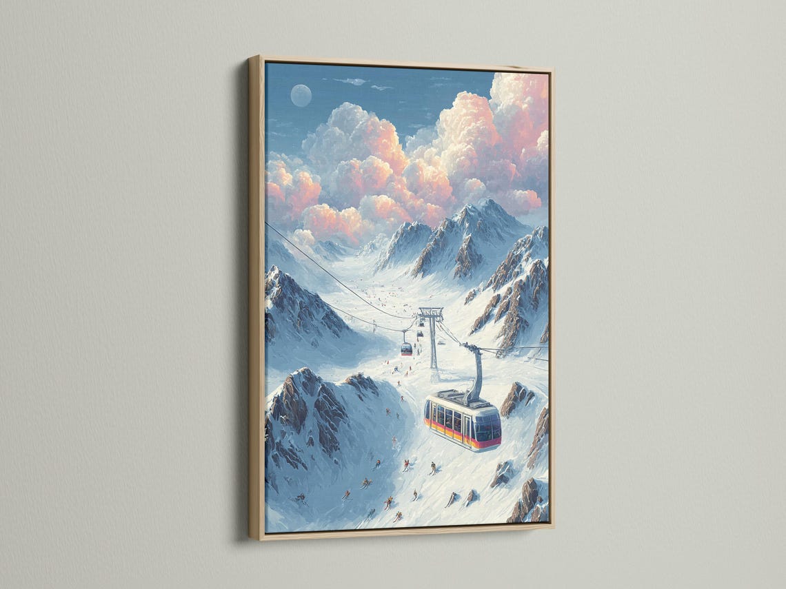 Snowy alpine ski scene with a cable car gondola and skiers on mountain slopes detail view