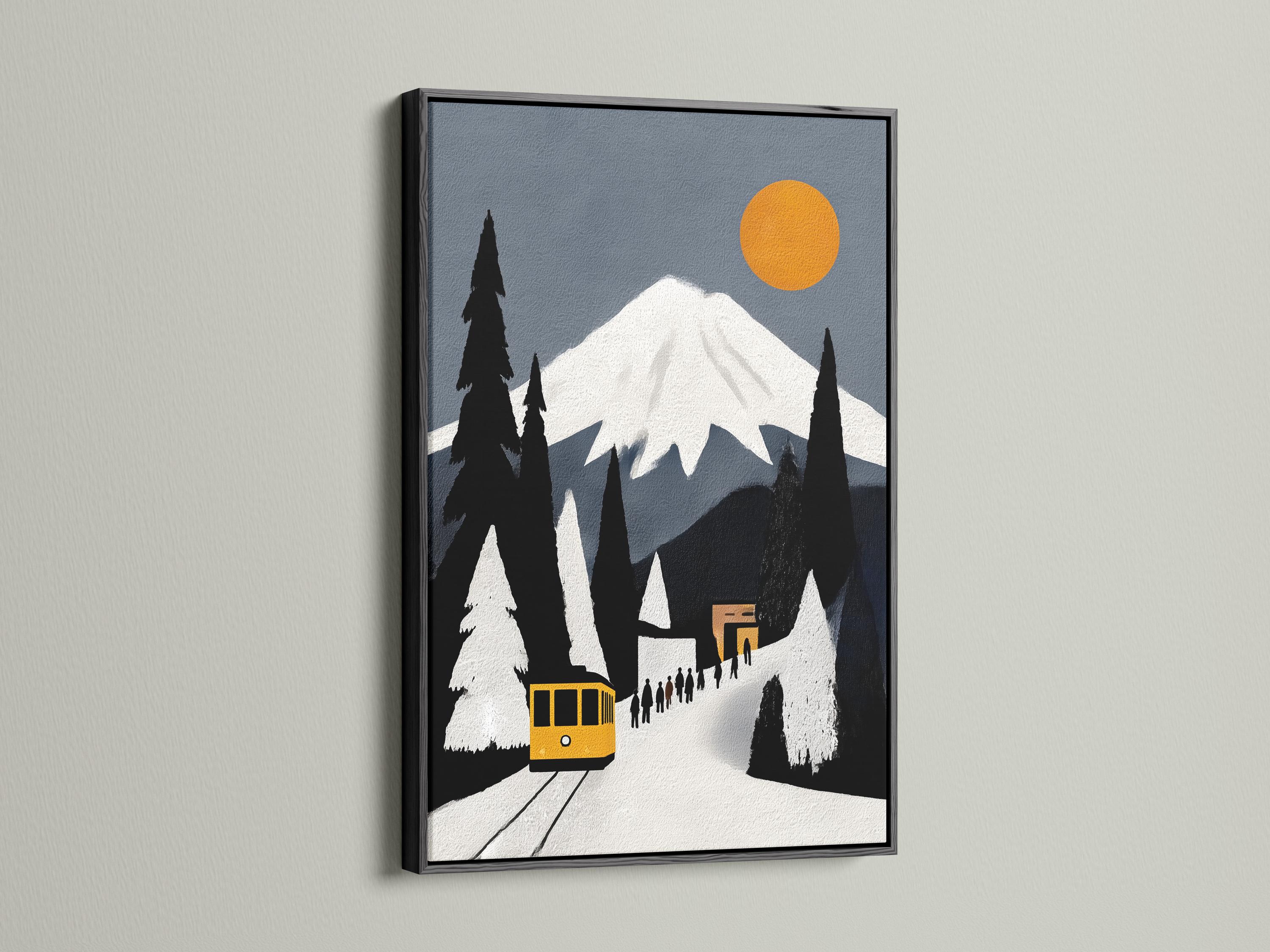 Room mockup showing a framed yellow train winter mountain artwork