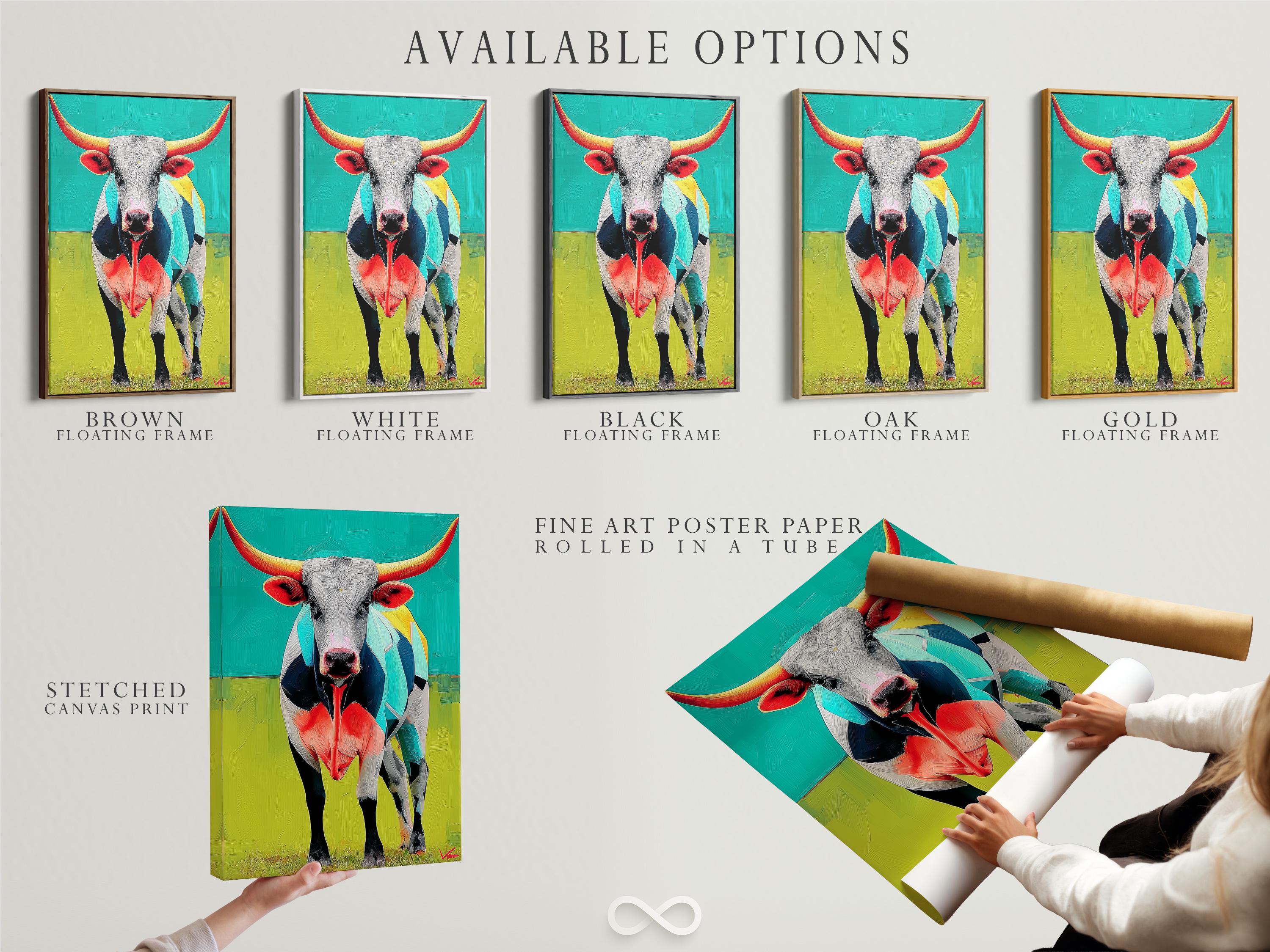Room mockup with a framed longhorn steer artwork on a wall above a green upholstered sofa and dining table