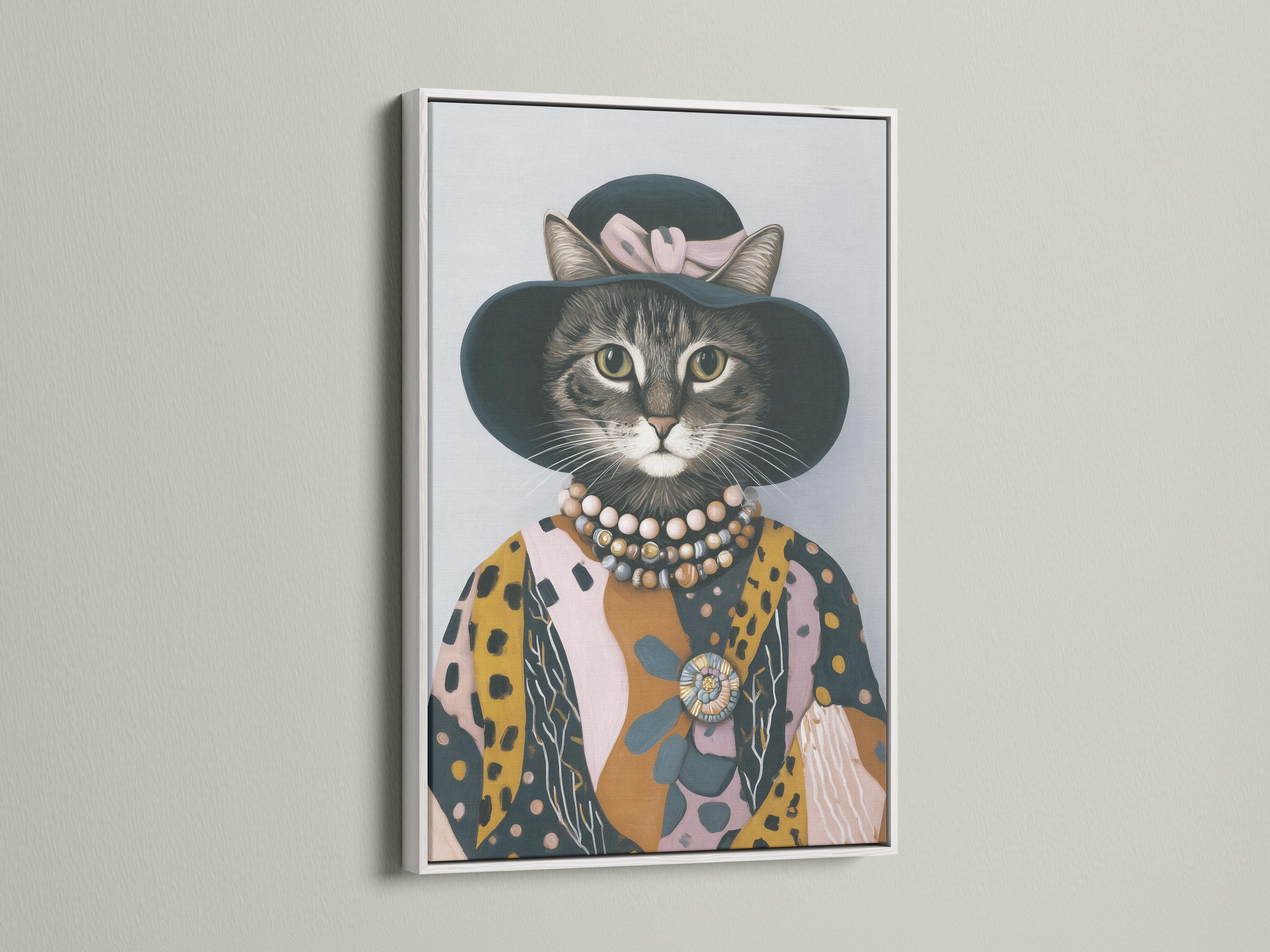 Stylised cat portrait with a dark hat, patterned coat, beaded collar and ornate brooch detail view