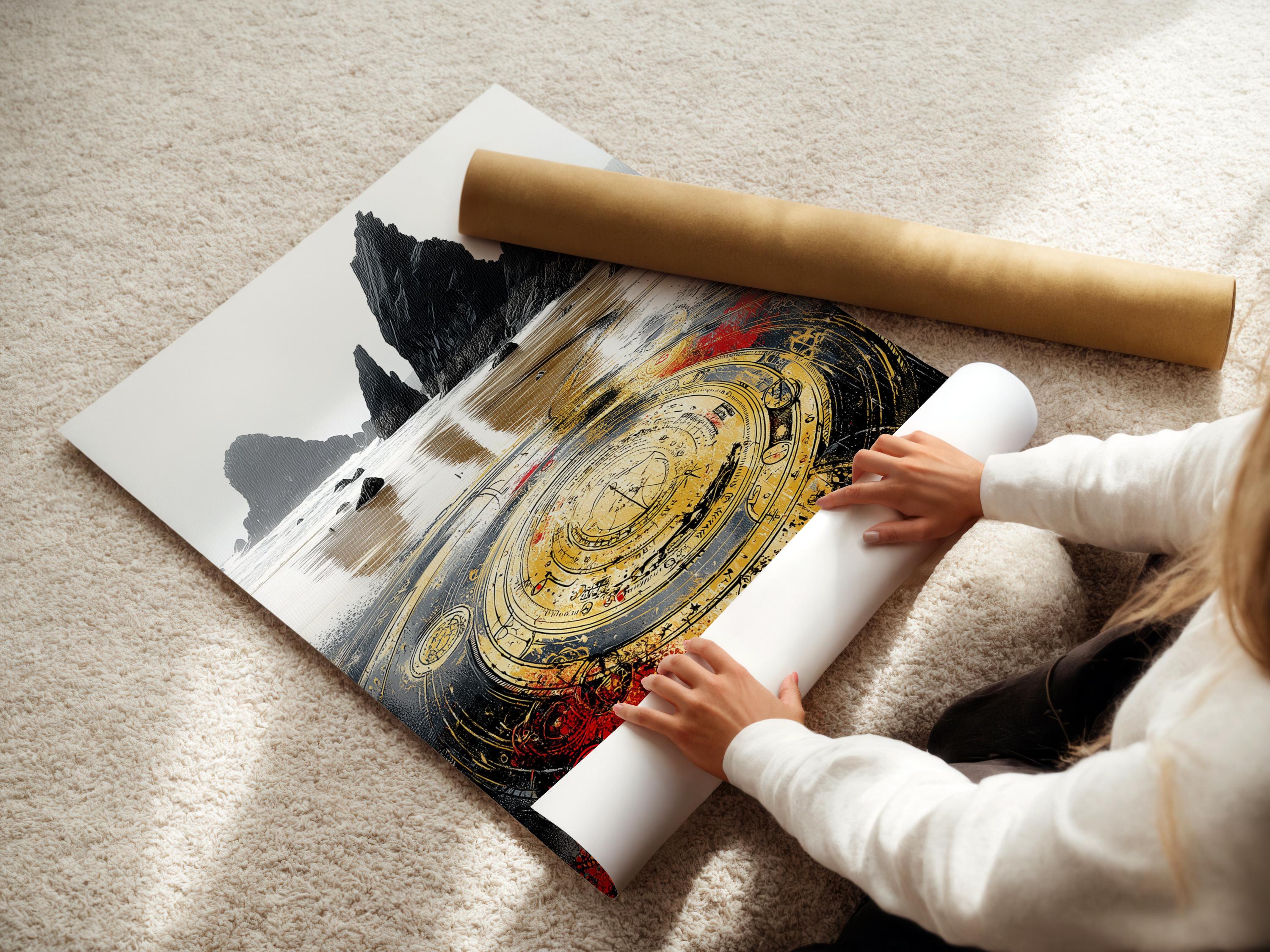 Moody seascape with dark rocks and a large ornate gold compass with red accents detail view