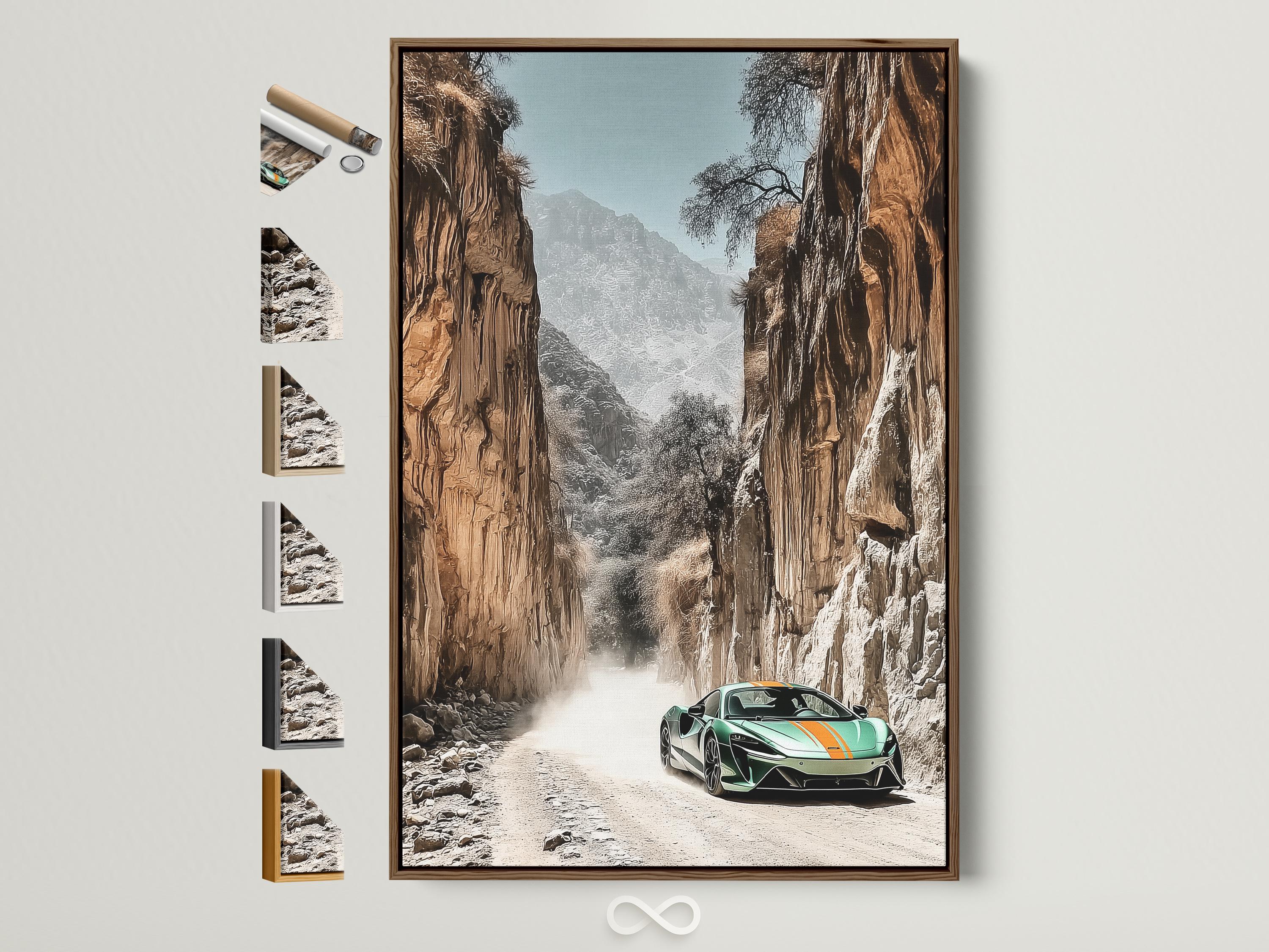 Green sports car on a sandy path in a rocky desert canyon with misty mountains