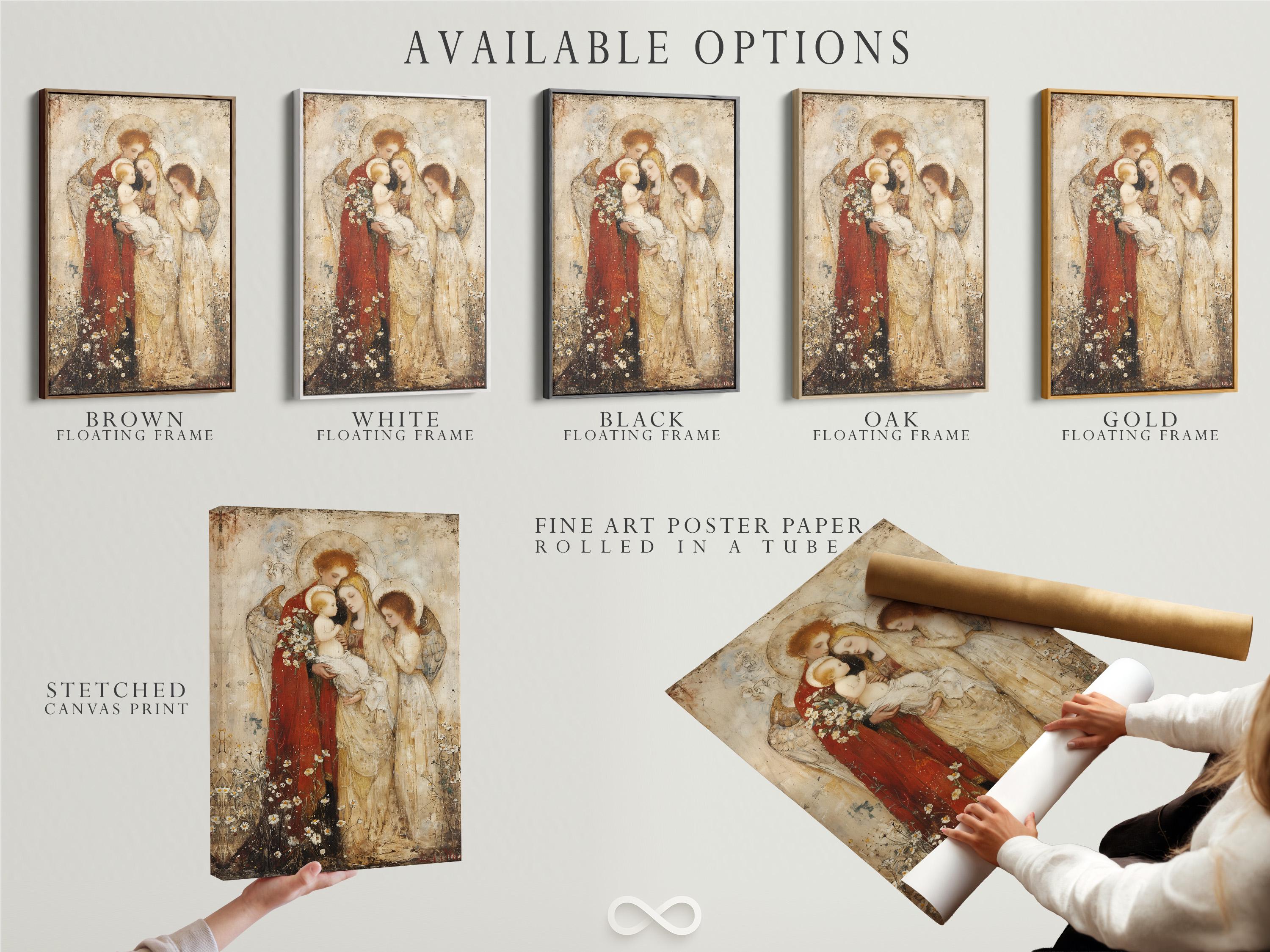 Room mockup featuring a framed religious artwork of Madonna holding a baby with winged angels