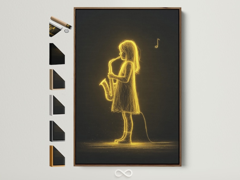 Neon gold line drawing of a saxophone player musician against a dark background with a floating music note