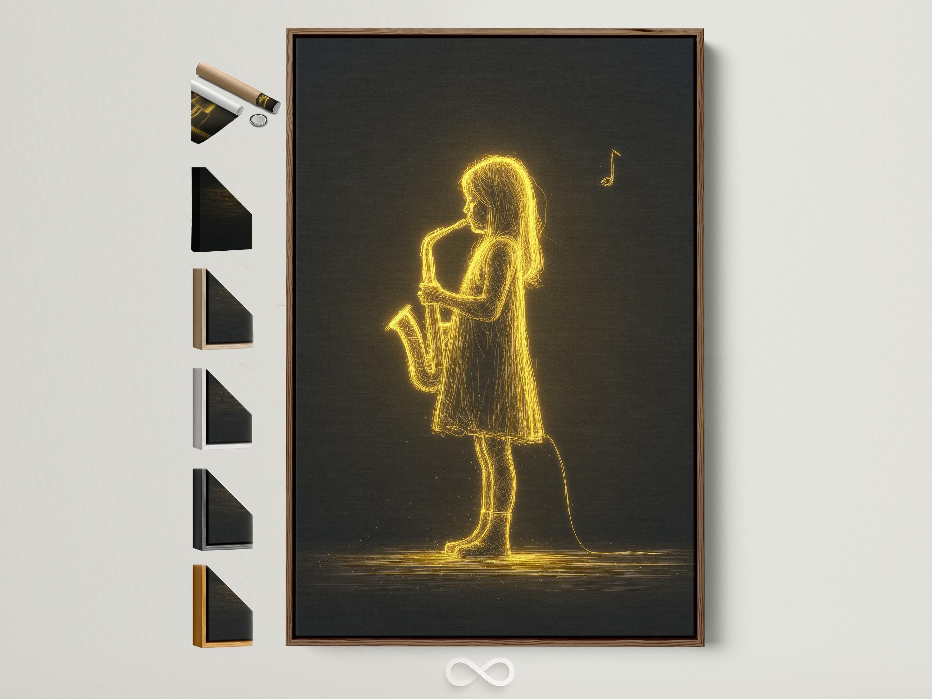 Neon gold line drawing of a saxophone player musician against a dark background with a floating music note