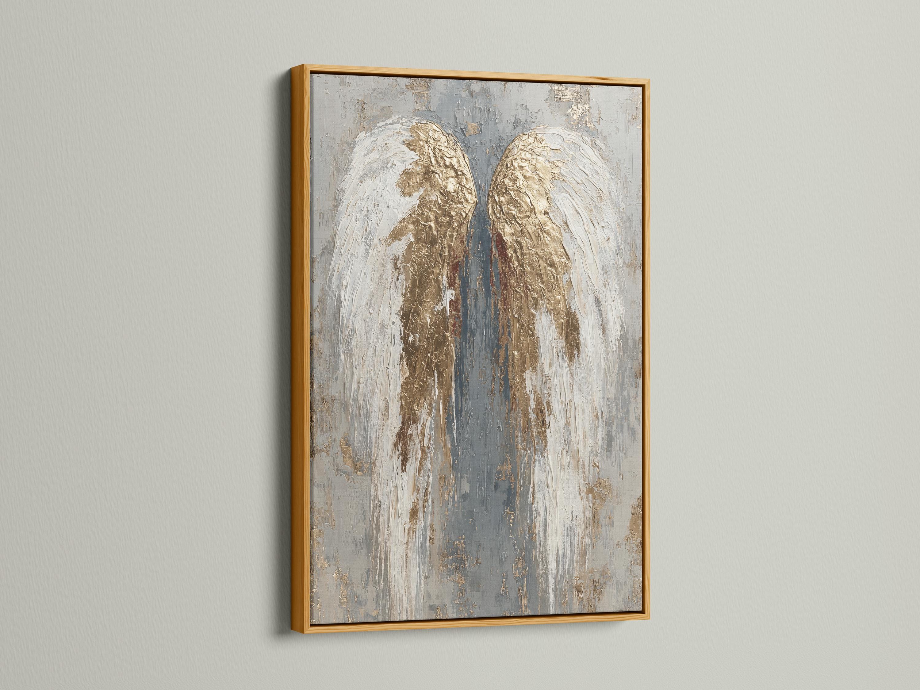 An angel-wing motif is shown symmetrically in layered white, grey and gold leaf-like tones, set against a textured neutral background detail view