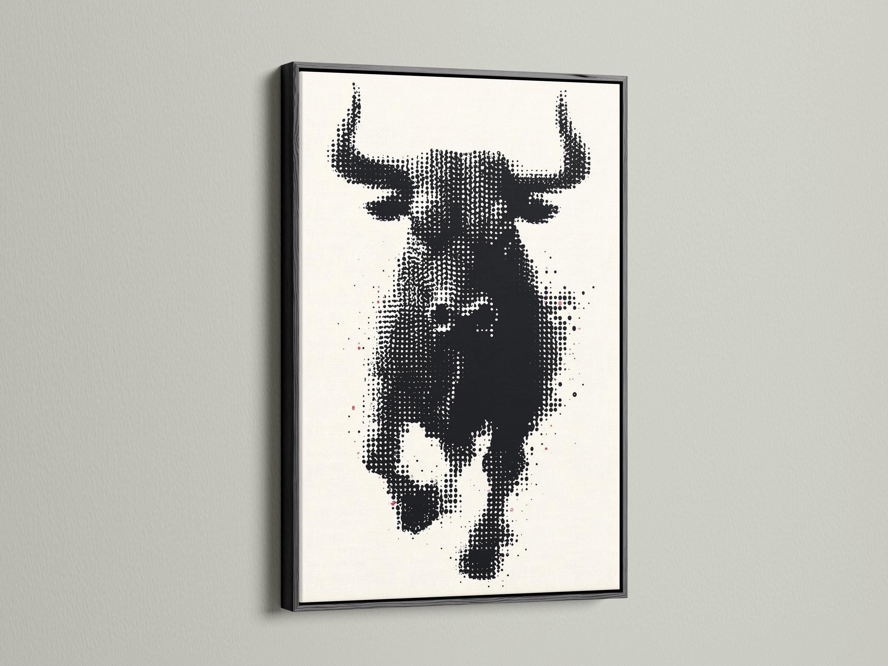 Black and white halftone bull head artwork with horns detail view