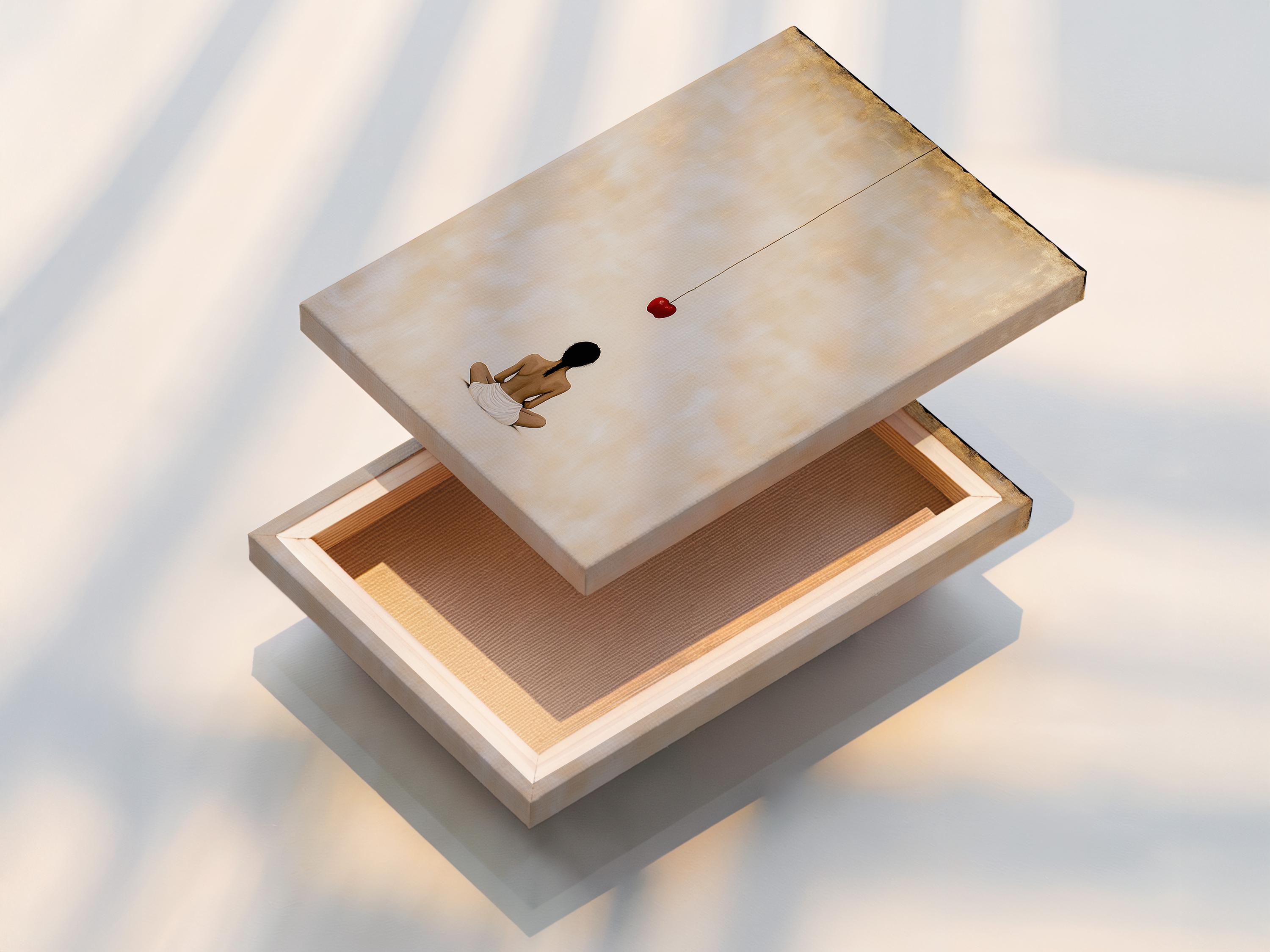 Minimalist meditating figure with a red apple on a warm beige background detail view