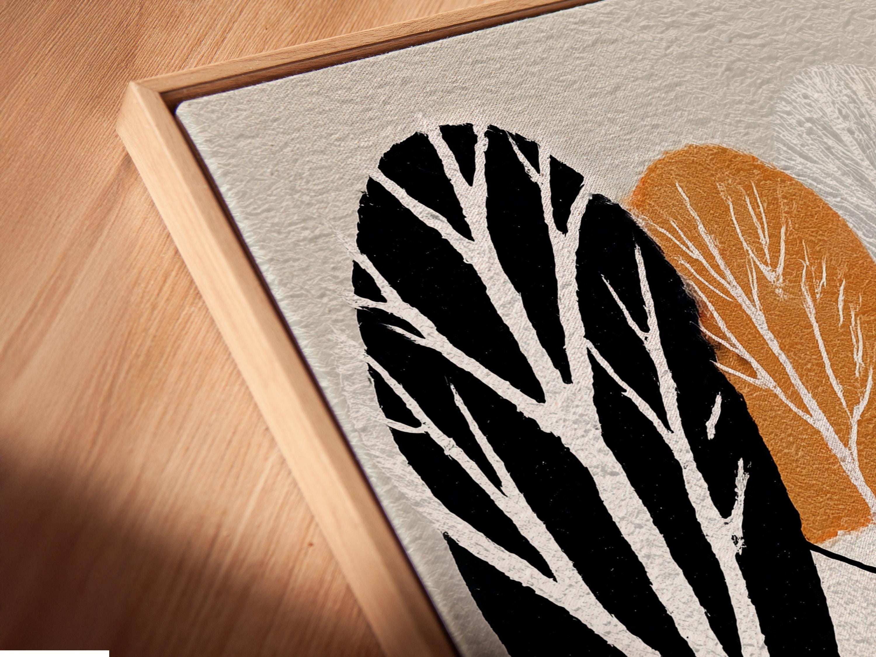 Minimalist winter ski lift scene with black silhouettes, skiers, trees and warm orange circles detail view