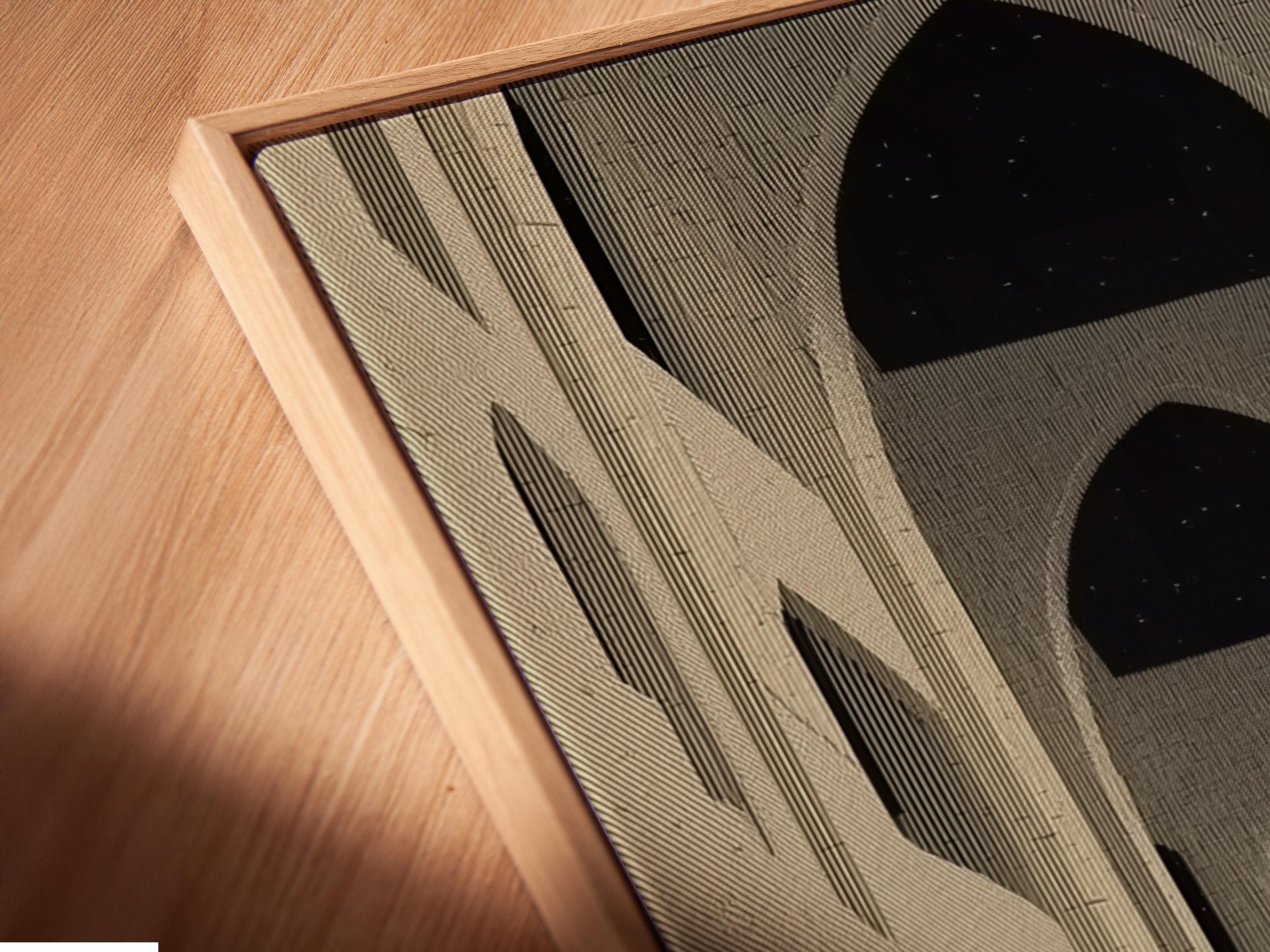 Room mockup showing a framed beige architecture artwork with arches and a dark car silhouette