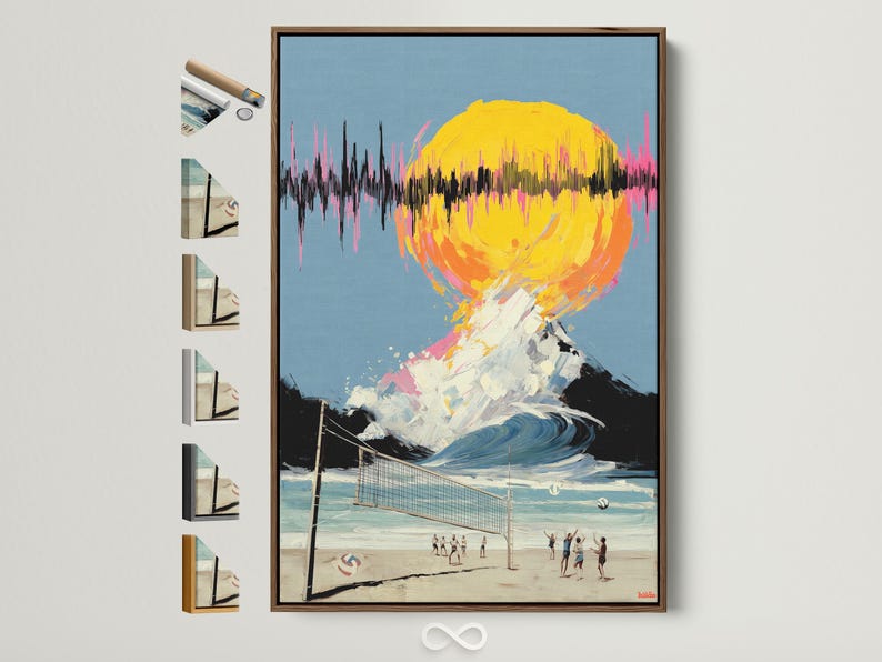 Surreal beach volleyball scene with a large yellow sun-like disc and neon pink wave drips