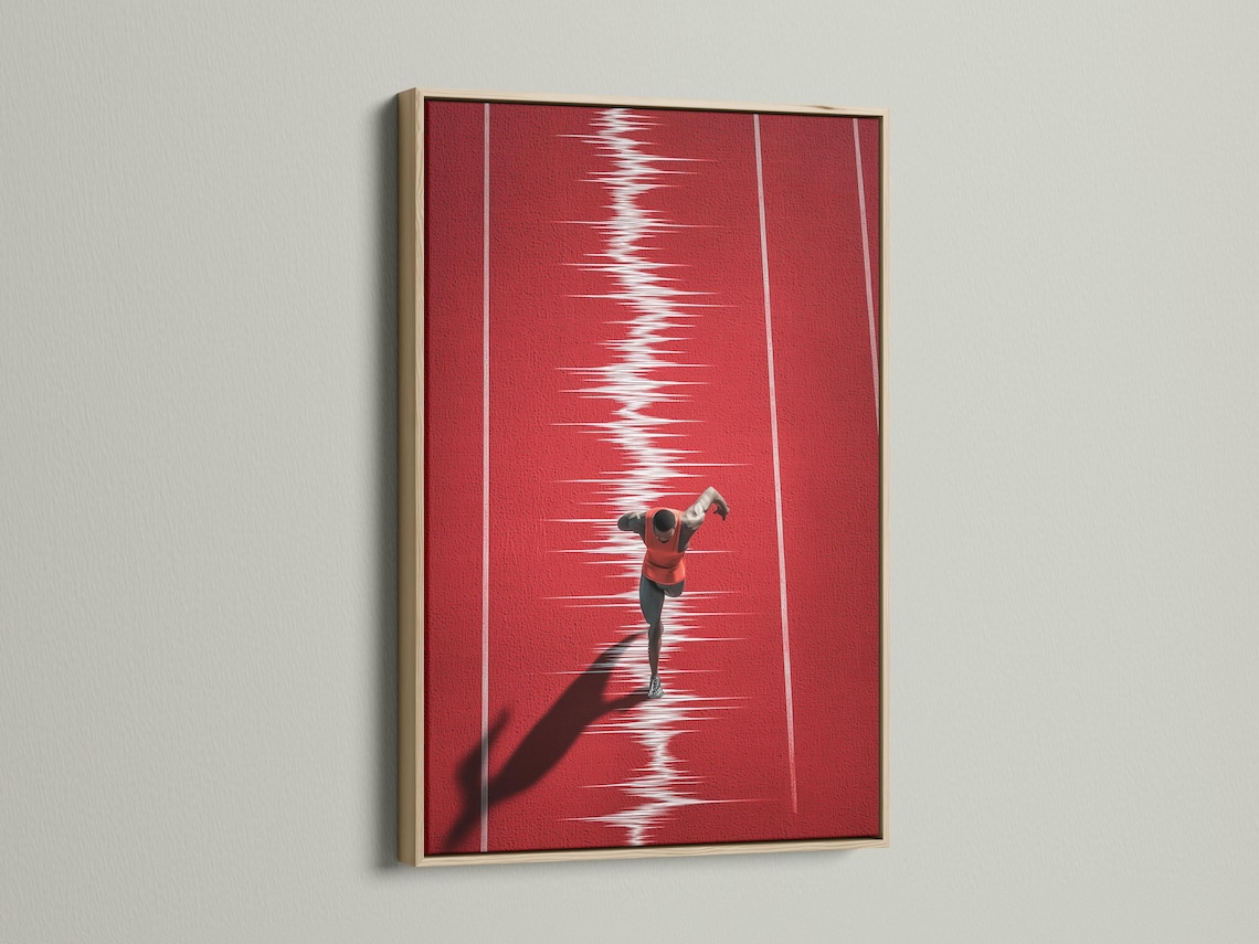 Mockup showing a framed red runner track artwork on a light wall