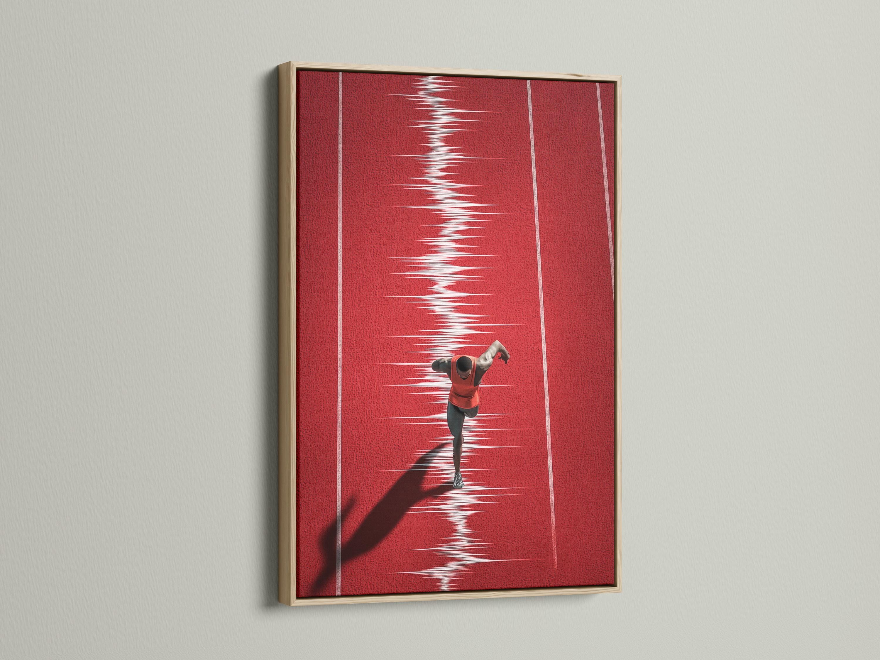 Mockup showing a framed red runner track artwork on a light wall