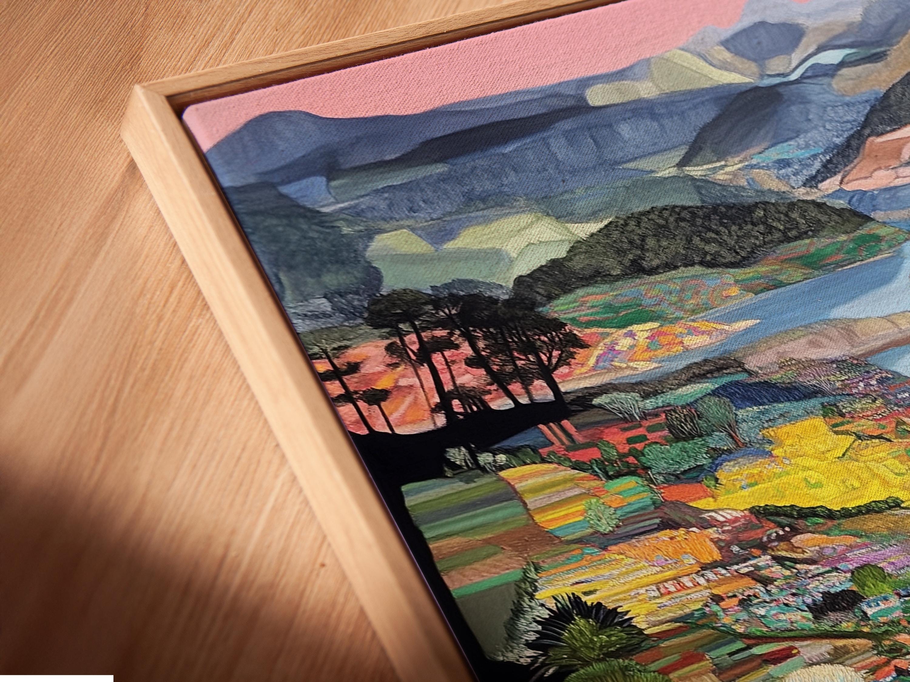 Colourful painterly river landscape with layered hills, bright plants and a pink sky detail view