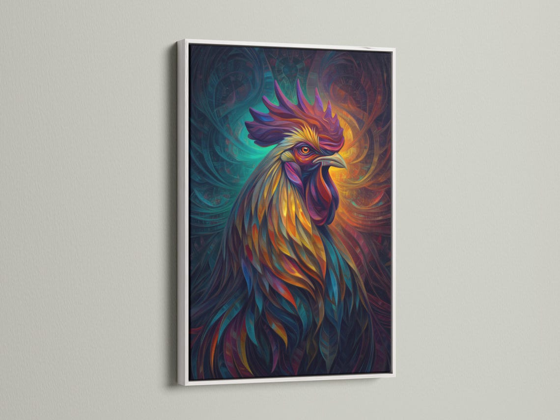 Room mockup showing framed rooster artwork in vivid teal, orange, purple and yellow