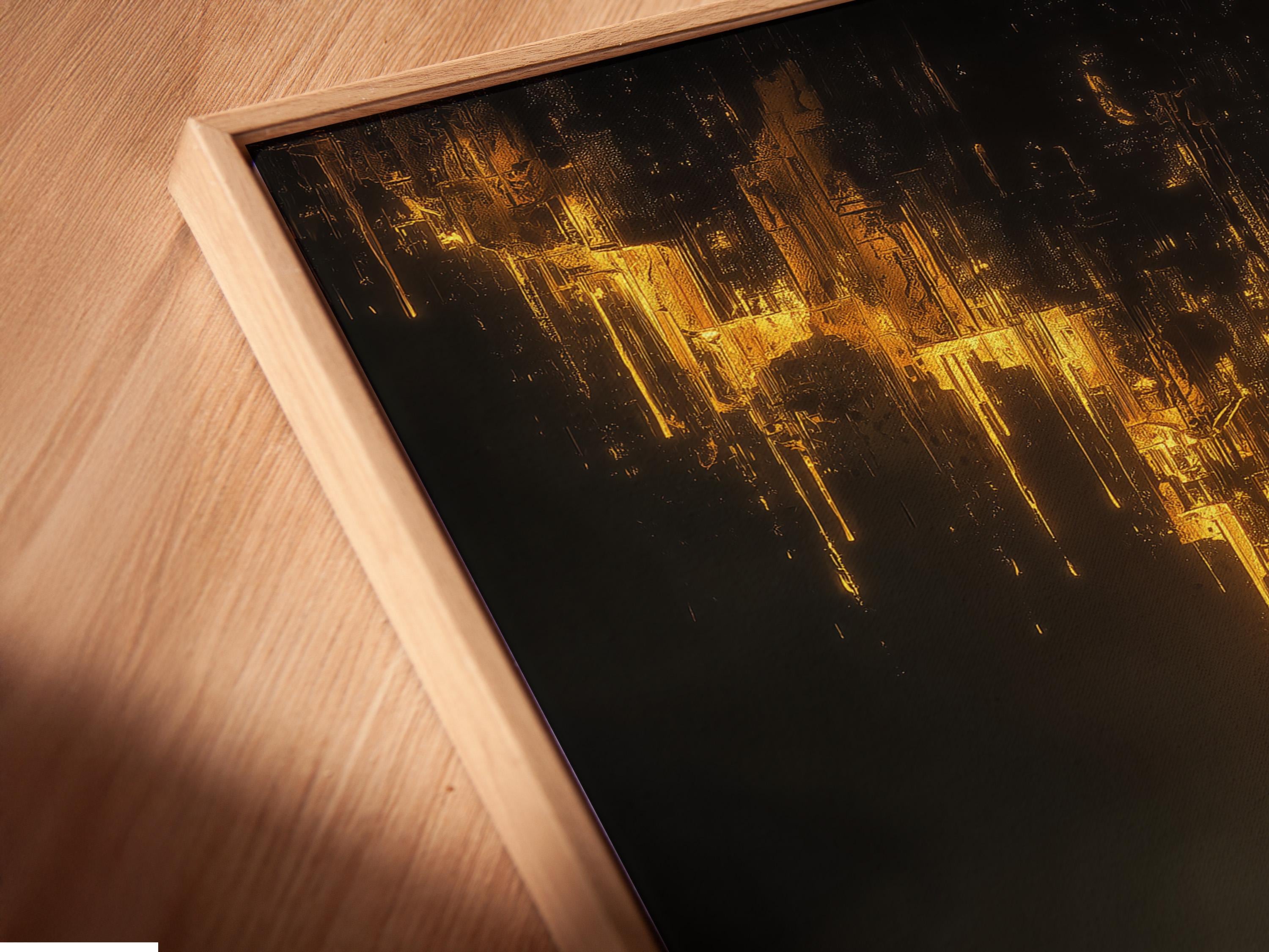 Abstract black and gold night cityscape with golden light streaks and water reflections detail view