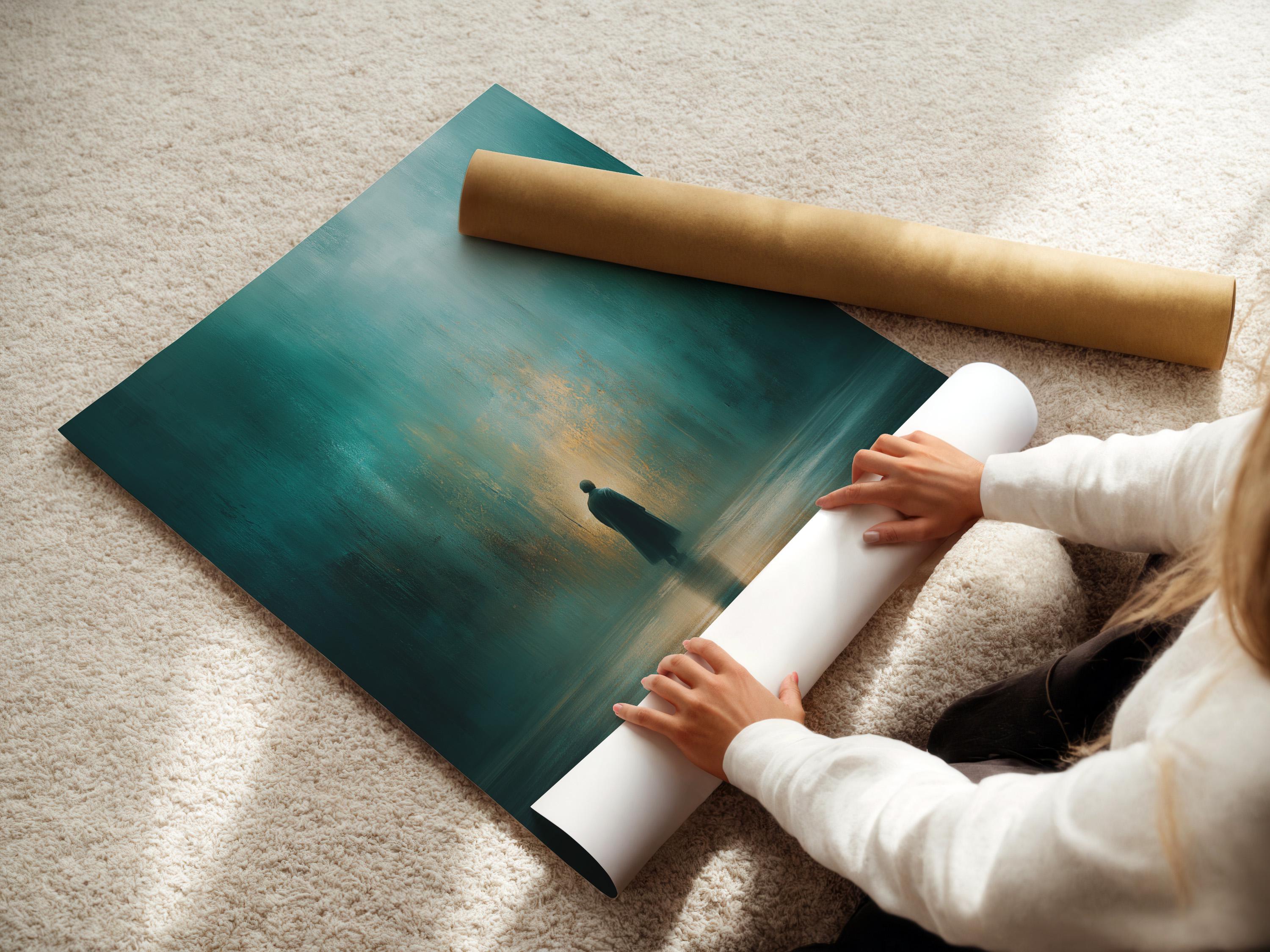 Teal and gold artwork showing a solitary figure silhouette with a warm glow and reflection on the floor detail view