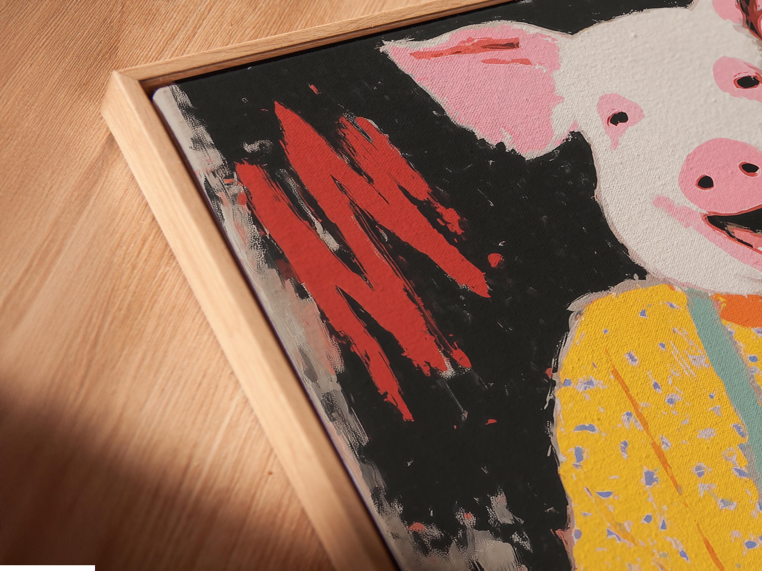 Stylised chef pig holding a tray of buns with a dark splattered background detail view
