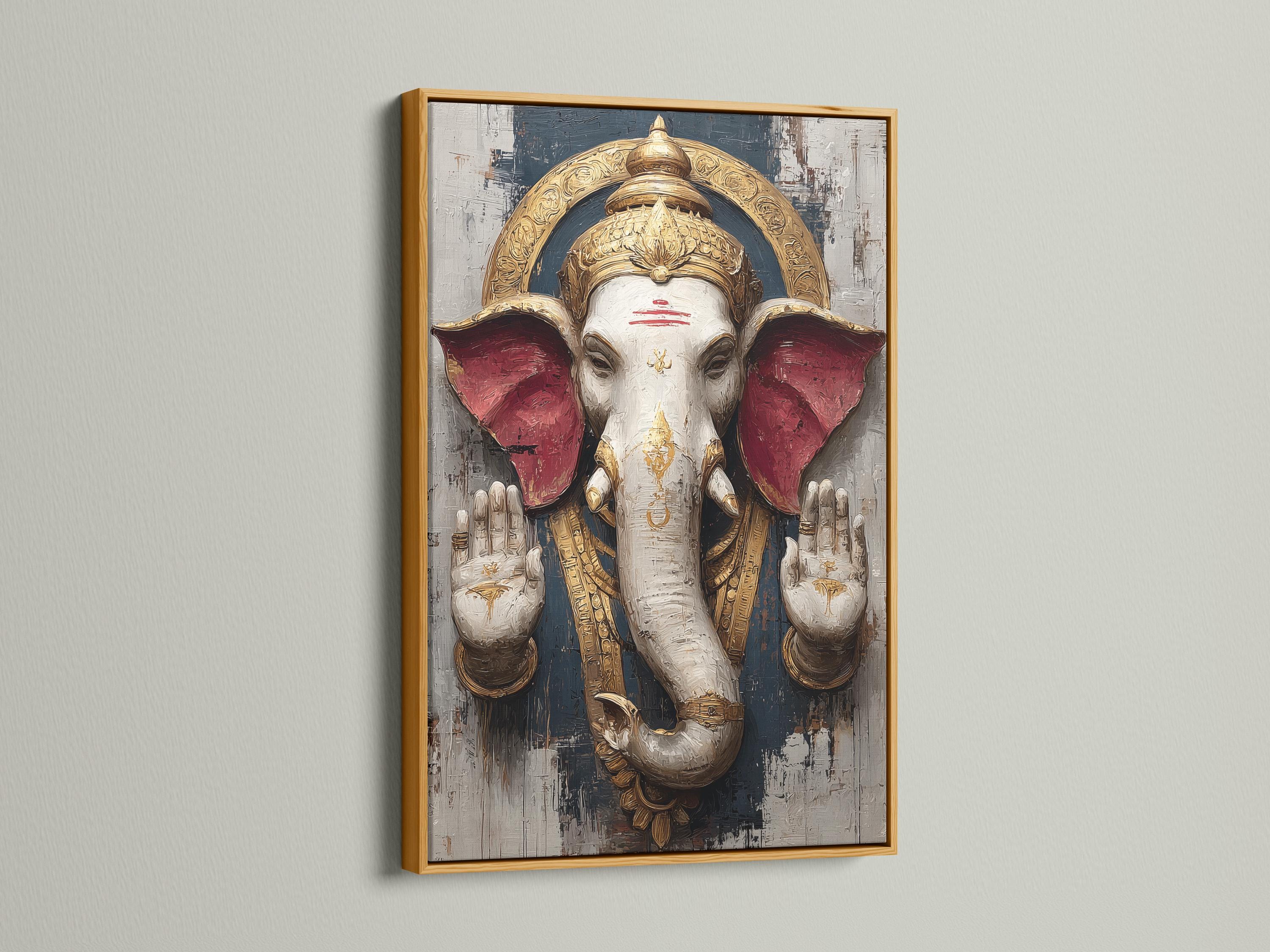 Stylised elephant-headed deity figure with gold crown and red wing-like shapes on a textured charcoal background detail view