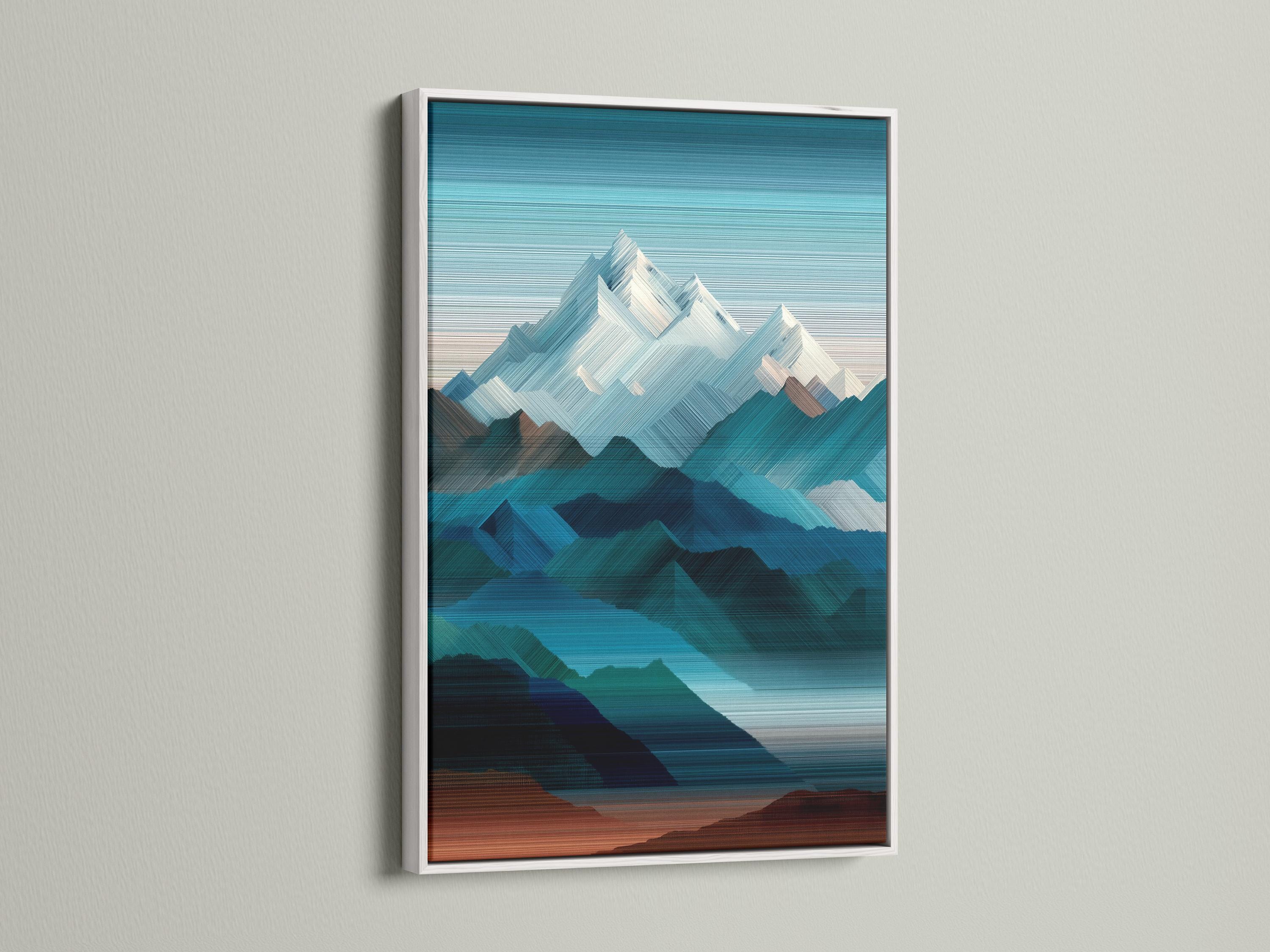 Abstract geometric mountainscape artwork with teal, navy and white peaks detail view
